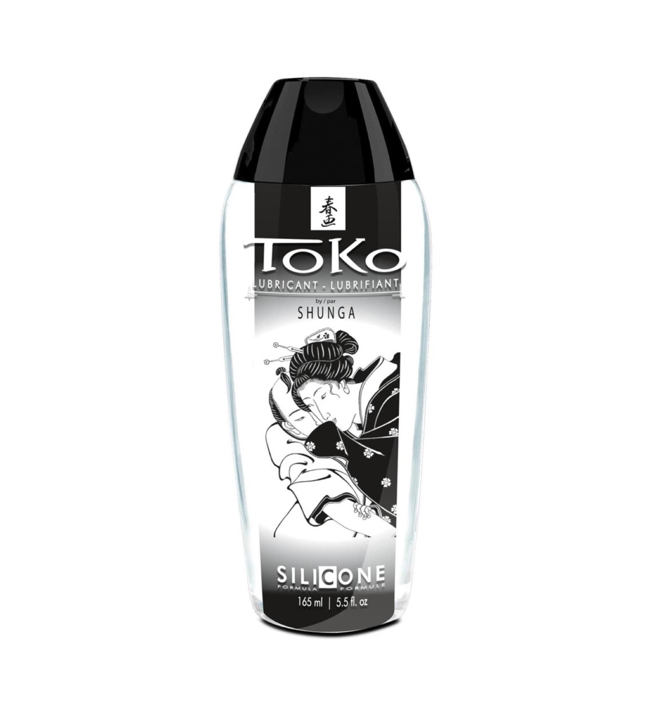 Silikon-Gleitmittel-Flasche. Schwarz-weiße Grafik einer Frau. Marke: Toko. Volumen: 165 ml.
