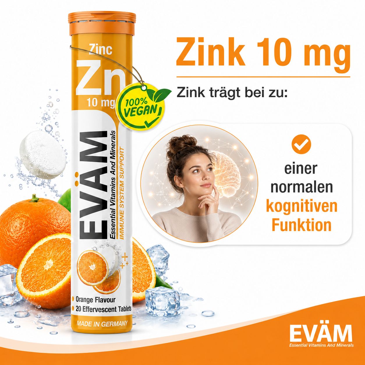 Zink-Tabletten-Verpackung. 100% Vegan-Logo, Orange, Eiswürfel, Vorteile, kognitive Funktion, Made in Germany.