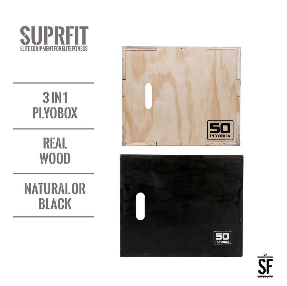 Zwei Plyobox-Seiten: Holz und schwarz. Aufschrift: Suprfit, Elite Equipment for Elite Fitness, 3 in 1 Plyobox, Real Wood, Natural or Black, 50.