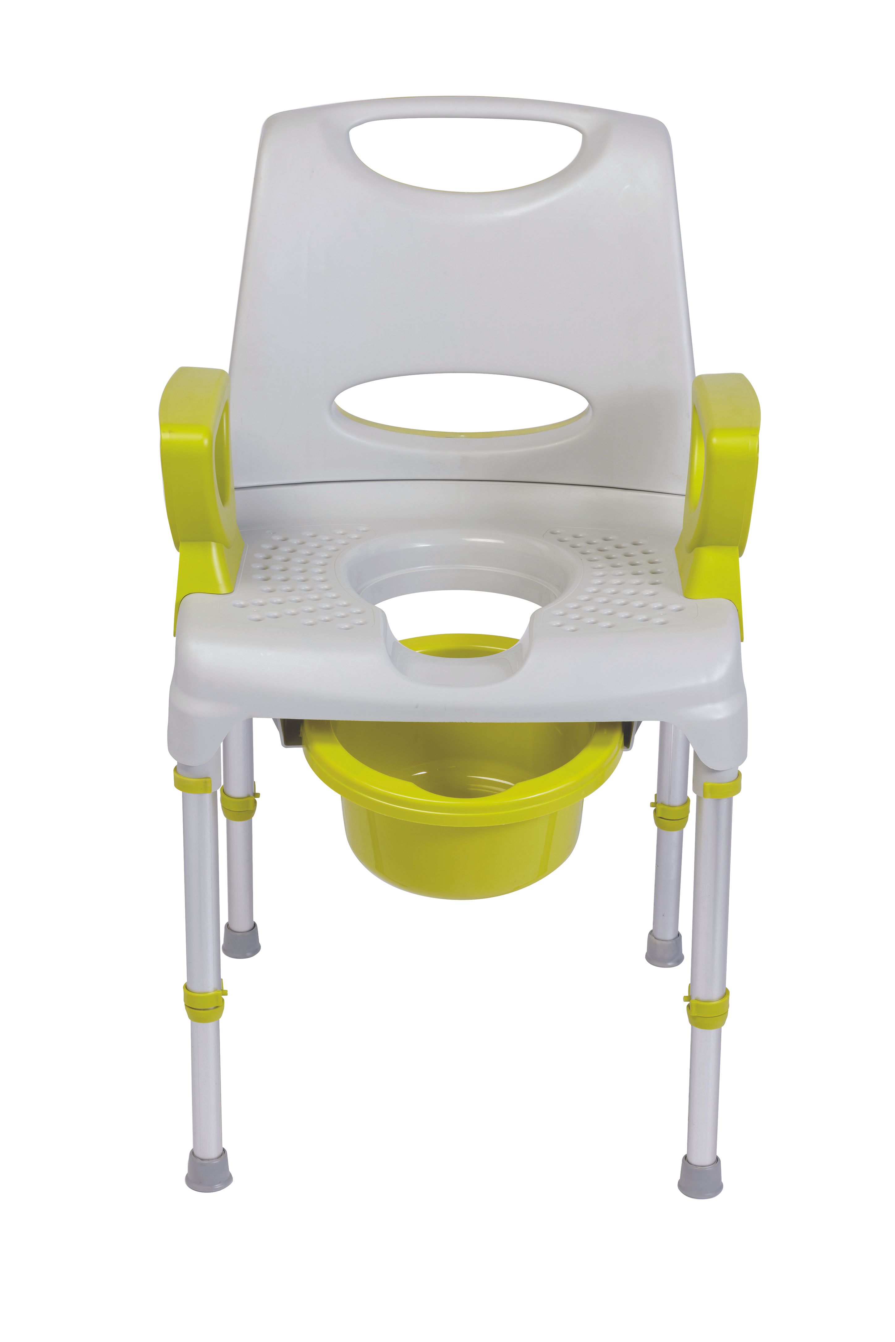 Dusch- und Toilettenstuhl mit gelben Armlehnen und Sitz. Höhenverstellbare Beine. Gelber Eimer.