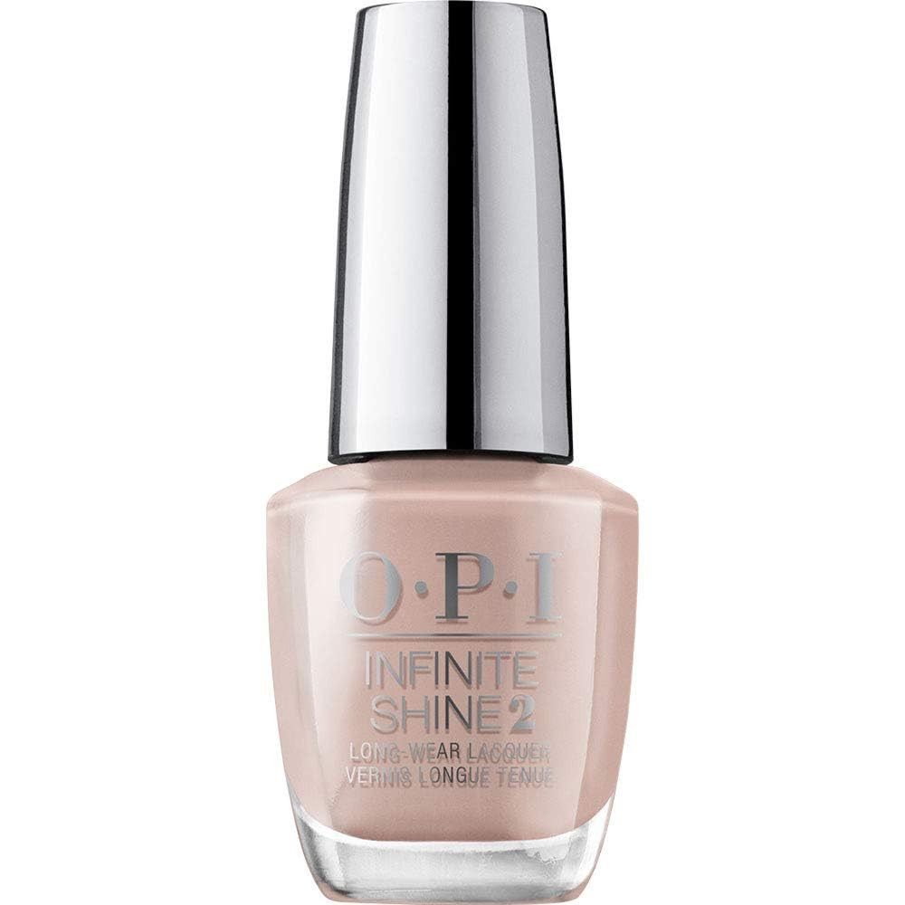 Nagellackflasche mit silberfarbenem Deckel. Beige Farbe. OPI Infinite Shine 2 Label.