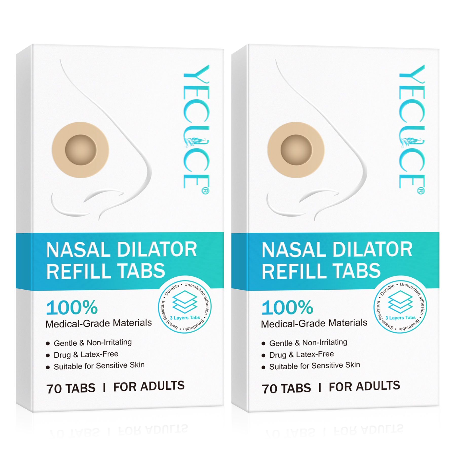 Zwei weiße Kartons mit Nasenpflastern. Aufschrift: Nasal Dilator Refill Tabs, 70 Tabs, für Erwachsene. Marke: YECUCE.