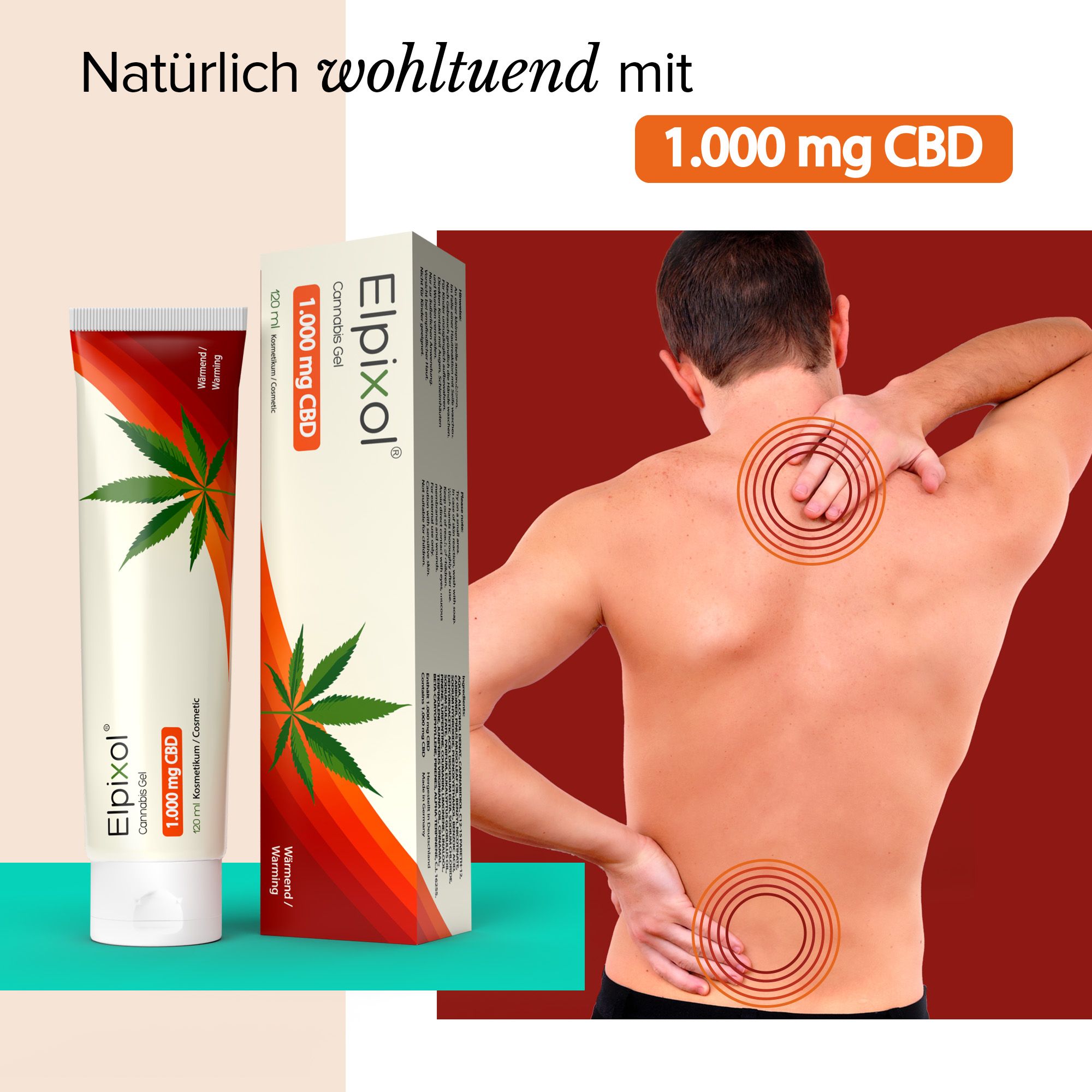 ELPIXOL® Cannabis Gel und Schachtel neben einem Mann, der sich den Rücken hält. Auf dem Rücken sind rote Kreise abgebildet.