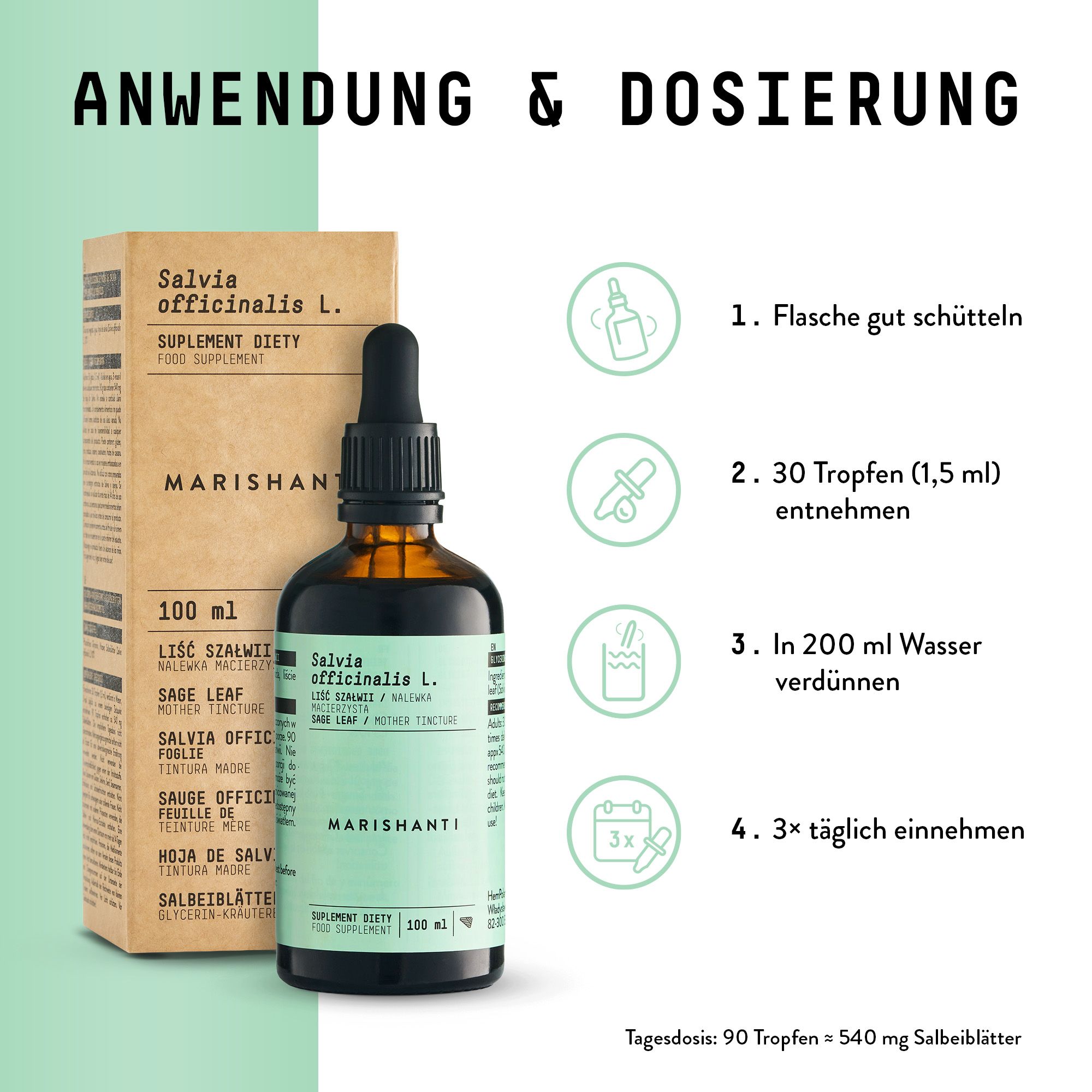 Braune Flasche mit Tropfer und Verpackung. Text: Marishanti, Salbei Extrakt. Anwendung & Dosierung.