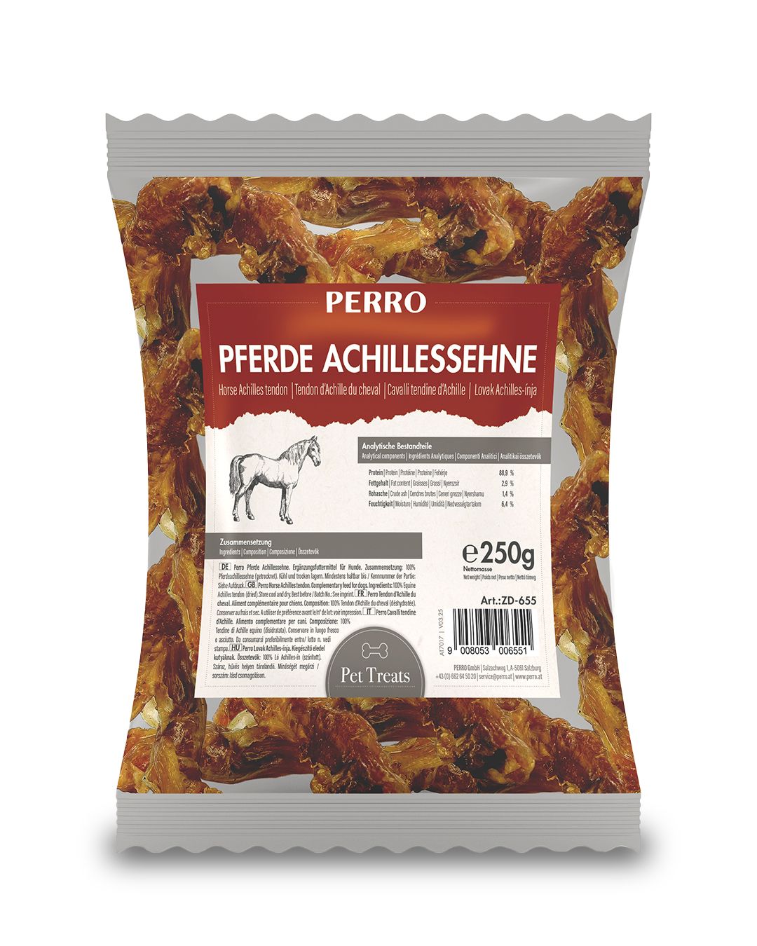 Verpackung mit PERRO Pferde-Achillessehne. Rötlich-braune Kausnacks. Aufdruck mit Produktname, Pferd-Illustration und Nährwertangaben. 250g.
