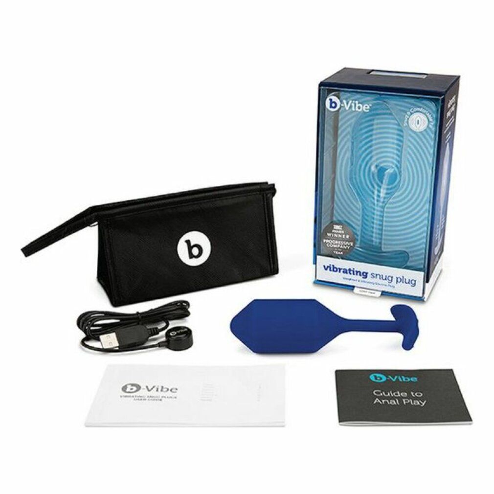 Produktverpackung mit blauem Analplug, schwarzer Tasche, Kabel und Broschüren. Produkt und Zubehör sind ausgepackt.