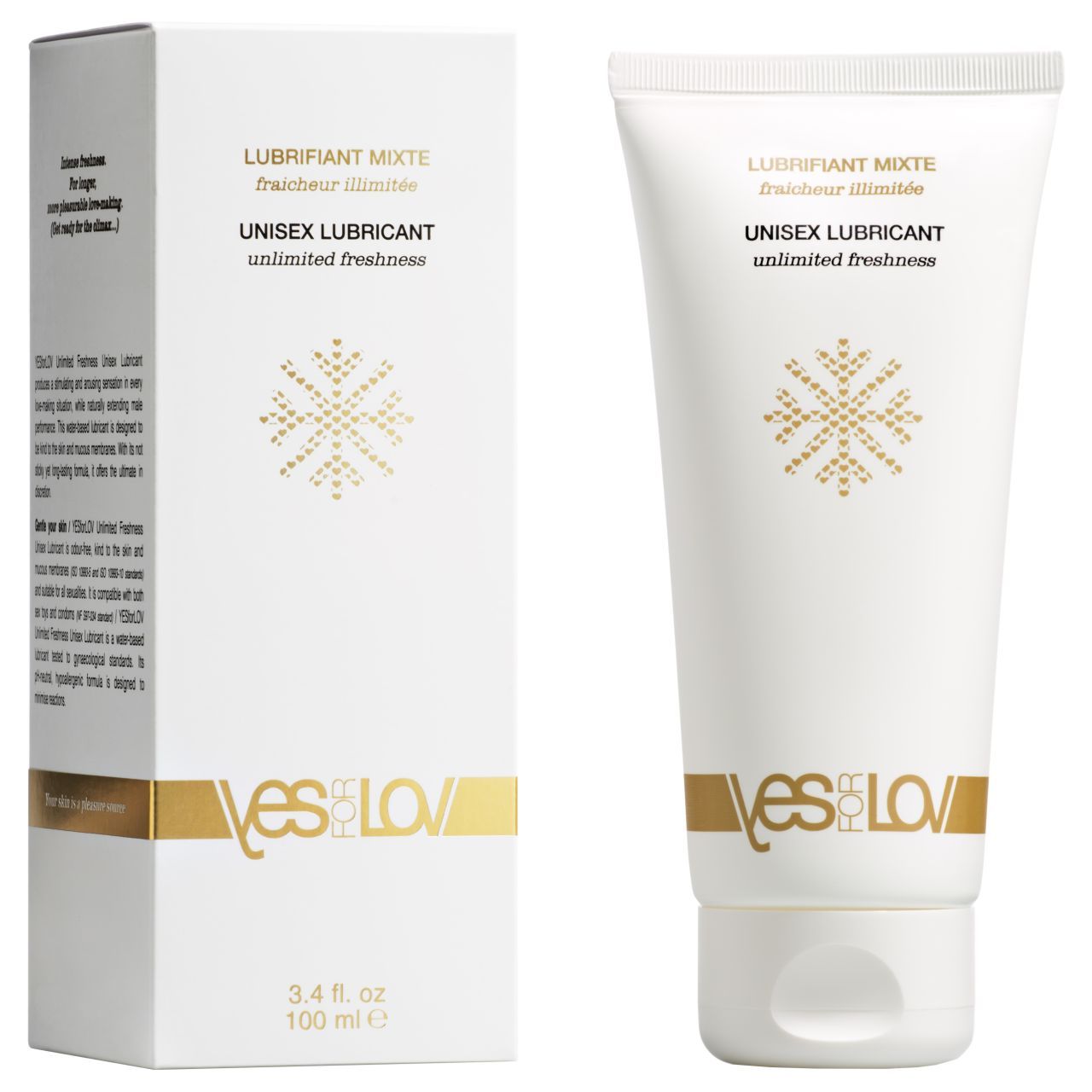 Weißer Karton und Tube. Aufschrift: Unisex Lubricant, frische Illimitée. Logo: yesforLOV. 3.4 fl. oz. 100 ml.