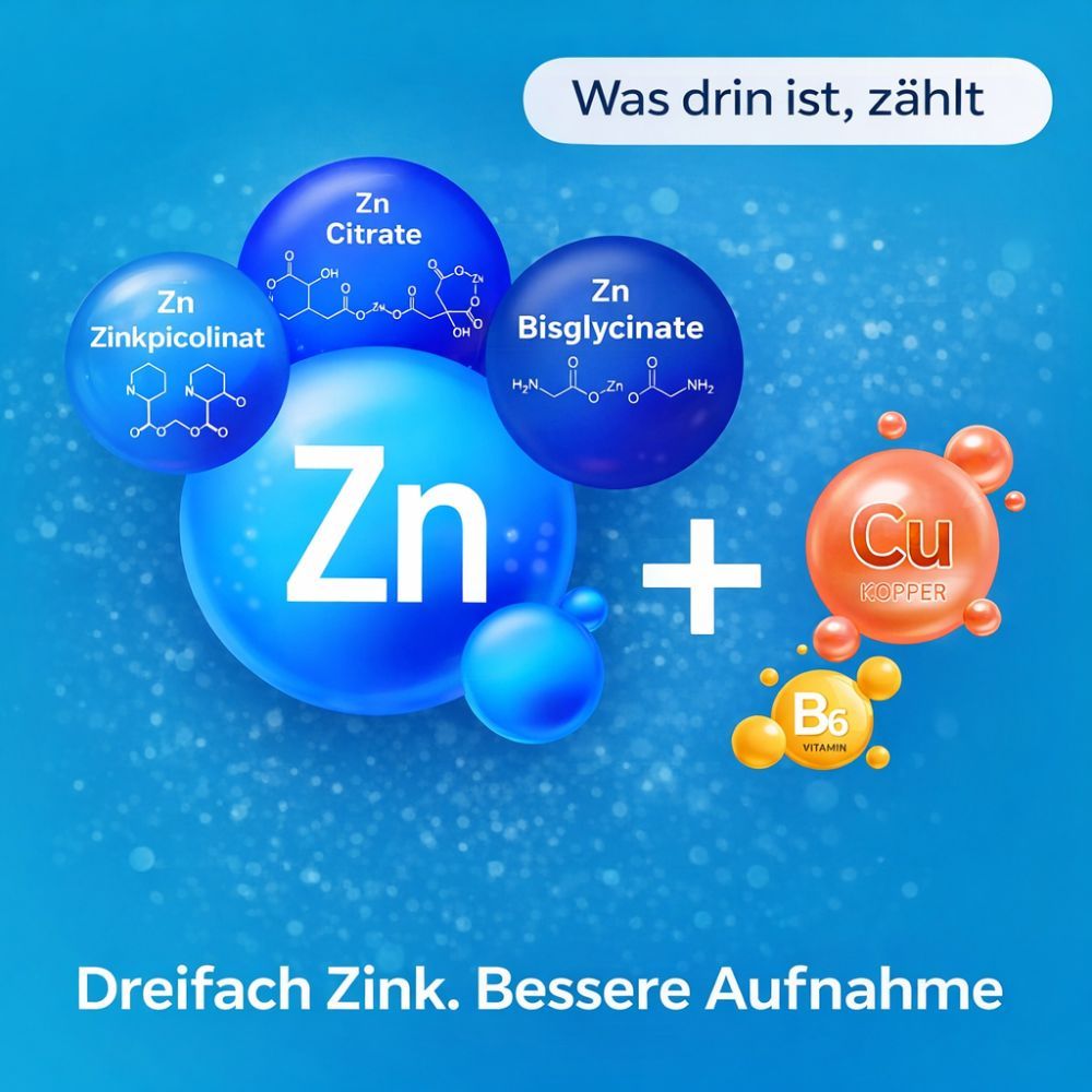 Grafische Darstellung von Zink-Verbindungen. Enthält Zinkpicolinat, Citrat und Bisglycinat. Kupfer und Vitamin B6 sind ebenfalls enthalten.