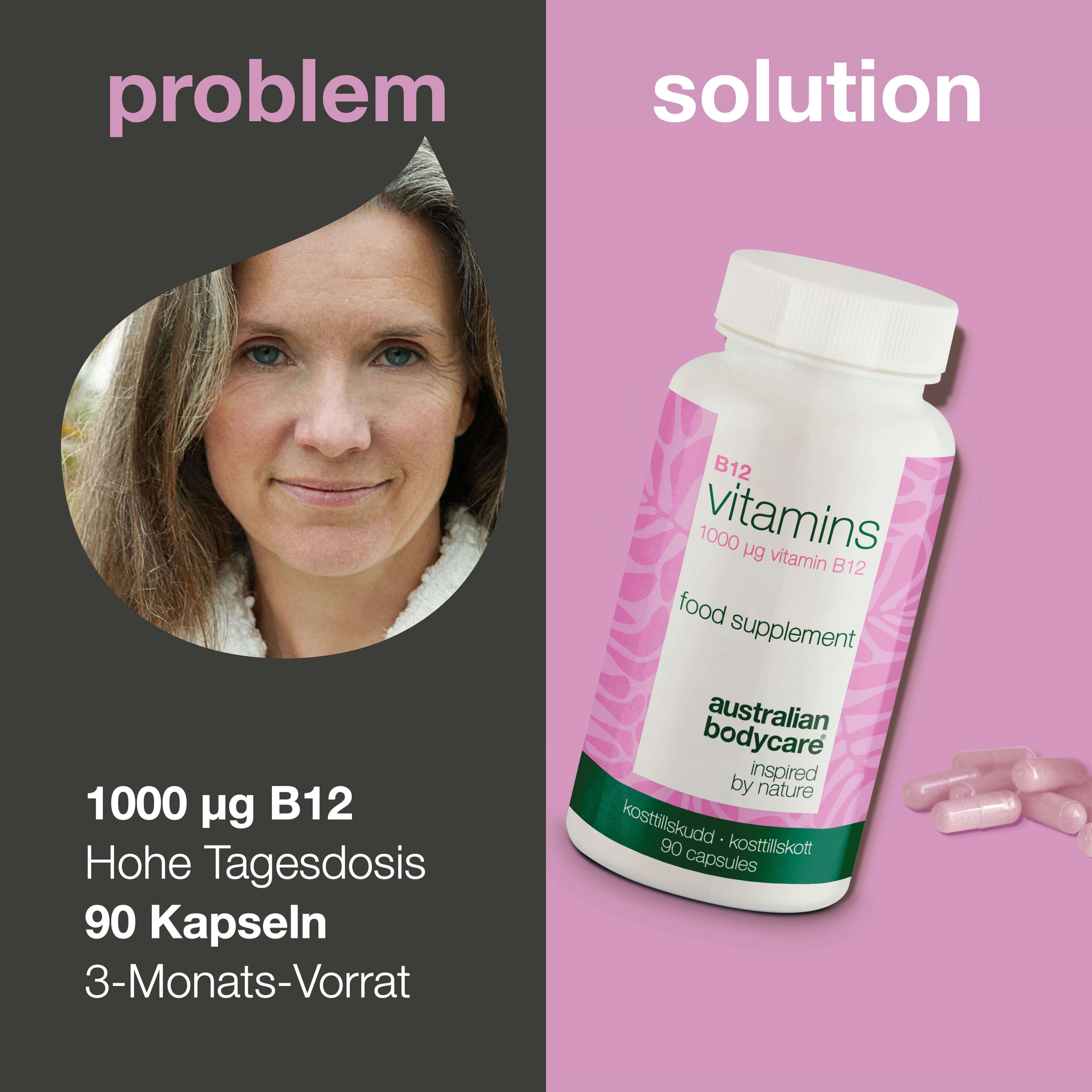 Bild zeigt eine Frau und eine Flasche B12 Vitamins. Aufschrift: 1000 µg B12, 90 Kapseln. Rosa und grauer Hintergrund.