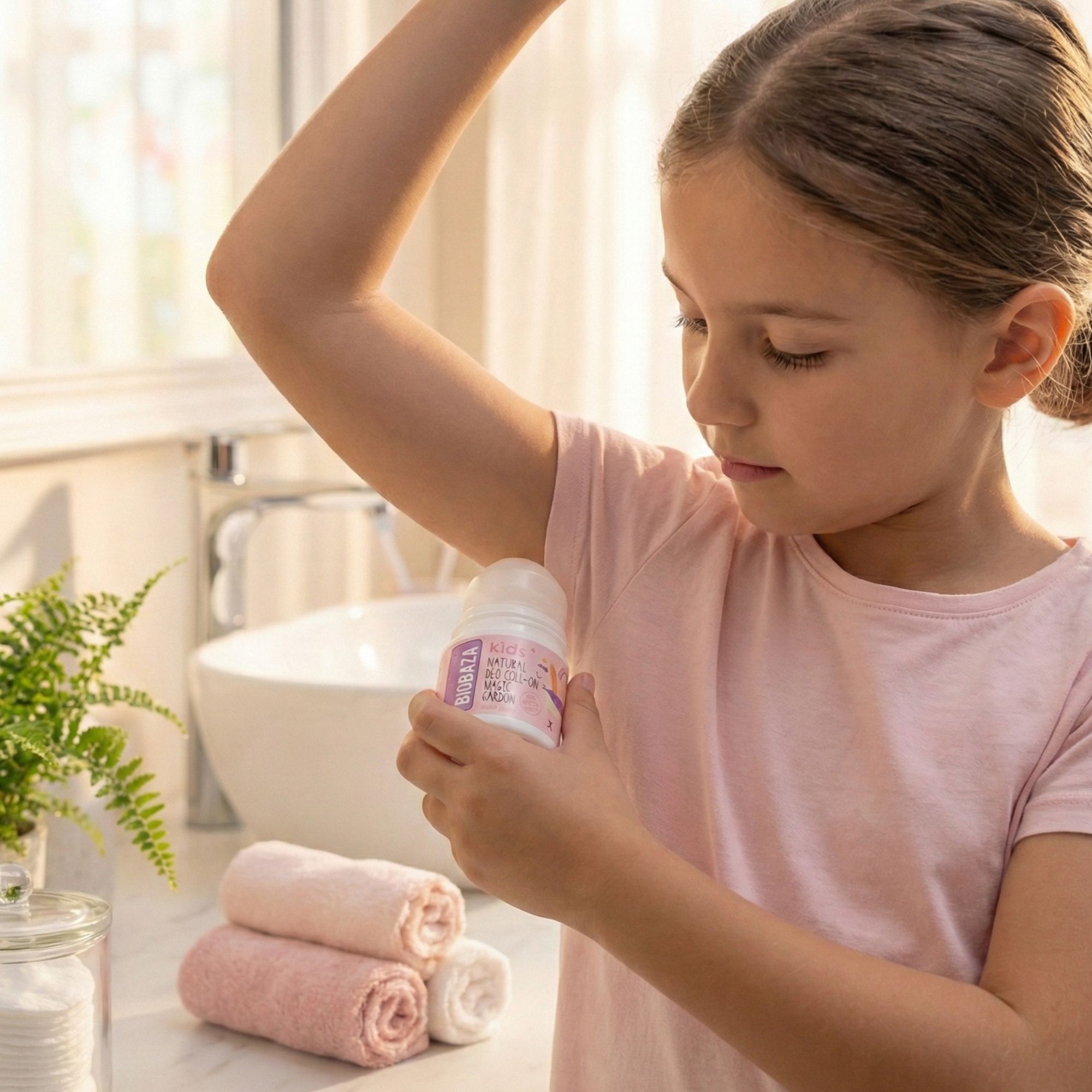 Mädchen hält Roll-on-Deo an Arm. Produktetikett sichtbar. Badezimmerhintergrund mit Waschbecken und Handtüchern.