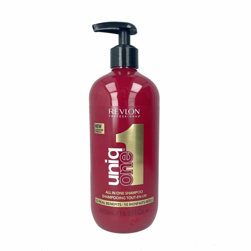 Rote Shampoo-Flasche mit schwarzem Pumpkopf. Aufschrift: Revlon Professional Uniq One. 10 Vorteile. 490ml/16.5 fl.oz.