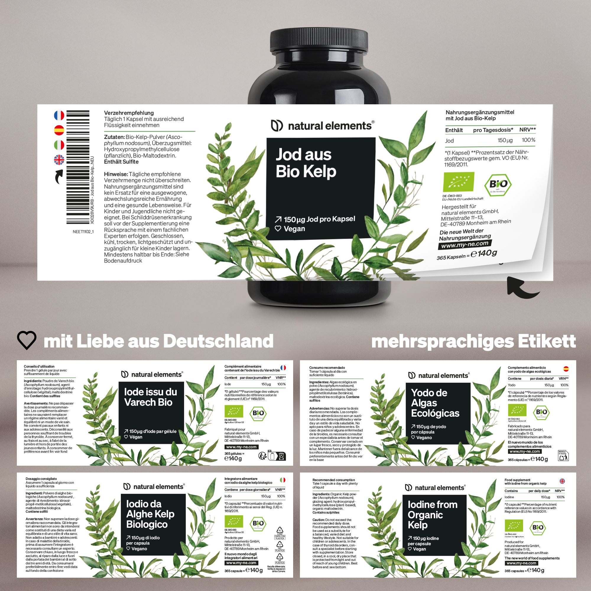 Produktflasche mit mehrsprachigem Etikett. Etikett mit Informationen in Deutsch, Französisch, Italienisch, Niederländisch und Spanisch.