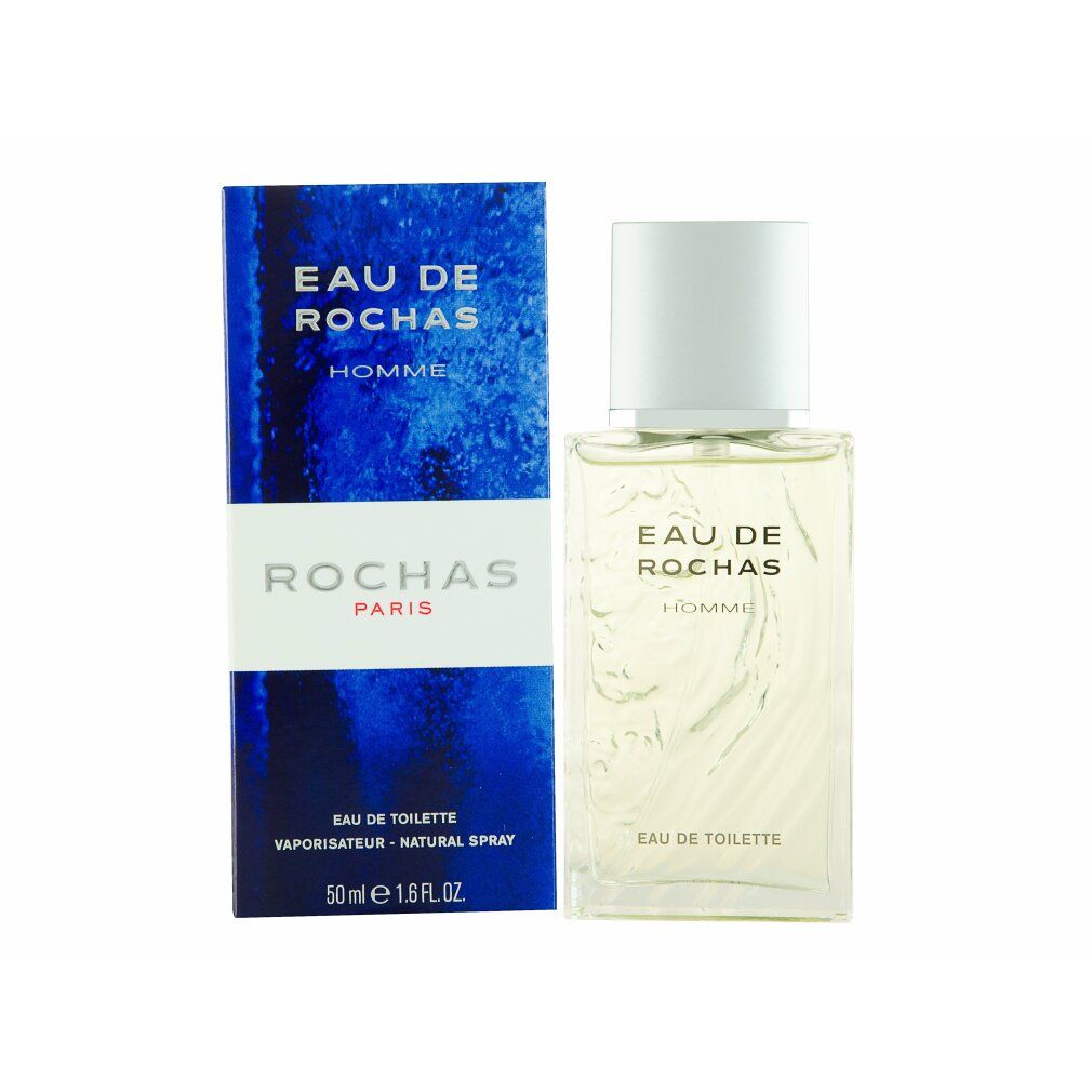 Flakon und Verpackung. Flakon mit silbernem Deckel, rechteckig, durchsichtig. Verpackung blau-weiß mit Text: EAU DE ROCHAS HOMME, ROCHAS PARIS.