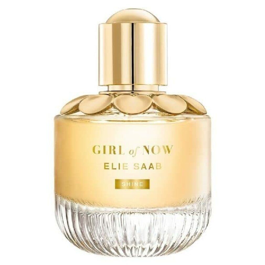 Parfümflakon mit goldfarbenem Verschluss und Schriftzug. Aufschrift: GIRL of NOW, ELIE SAAB, SHINE.