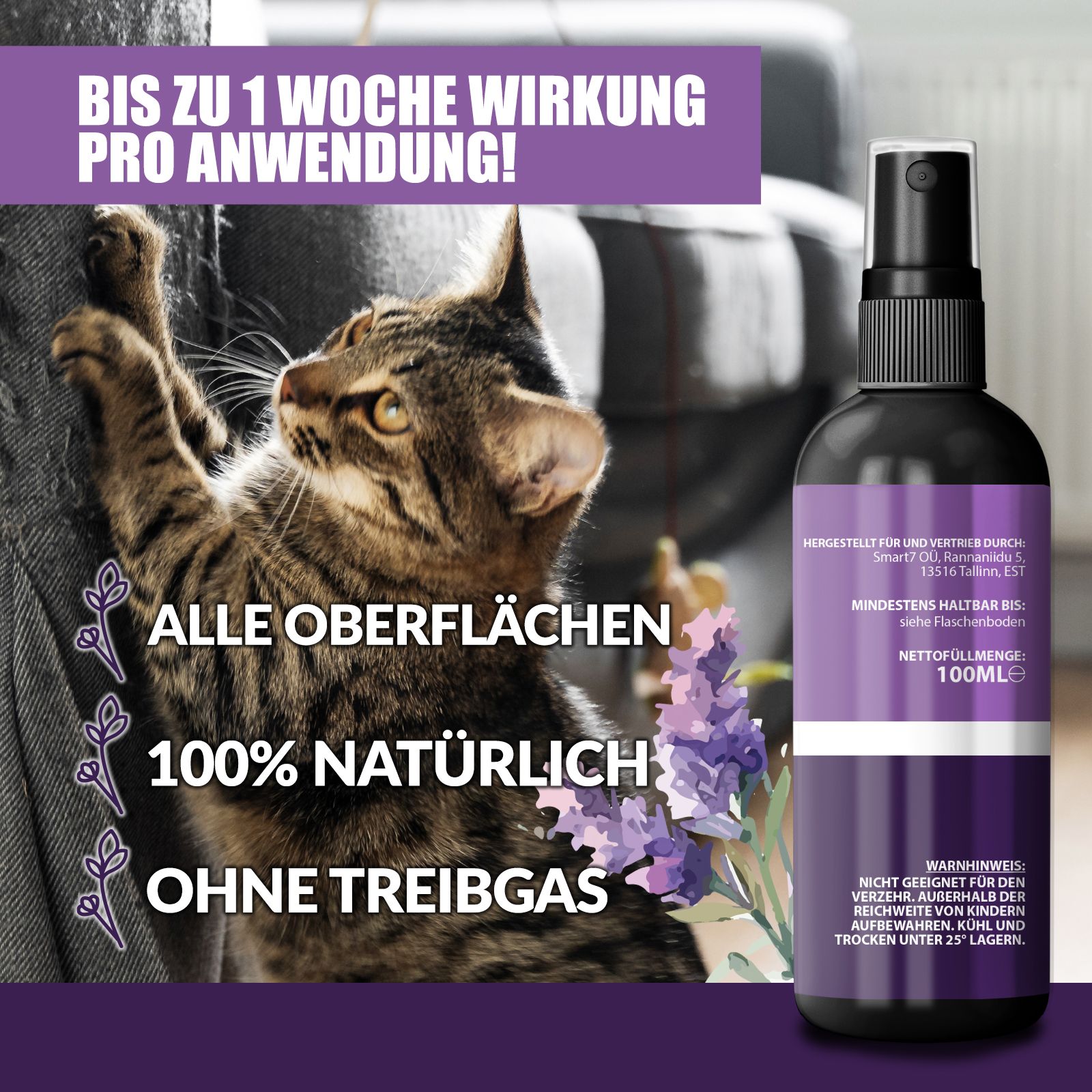 Produktabbildung mit Katze. Flasche mit lila Etikett. Wirkung bis zu 1 Woche. 100% natürlich. Ohne Treibgas.