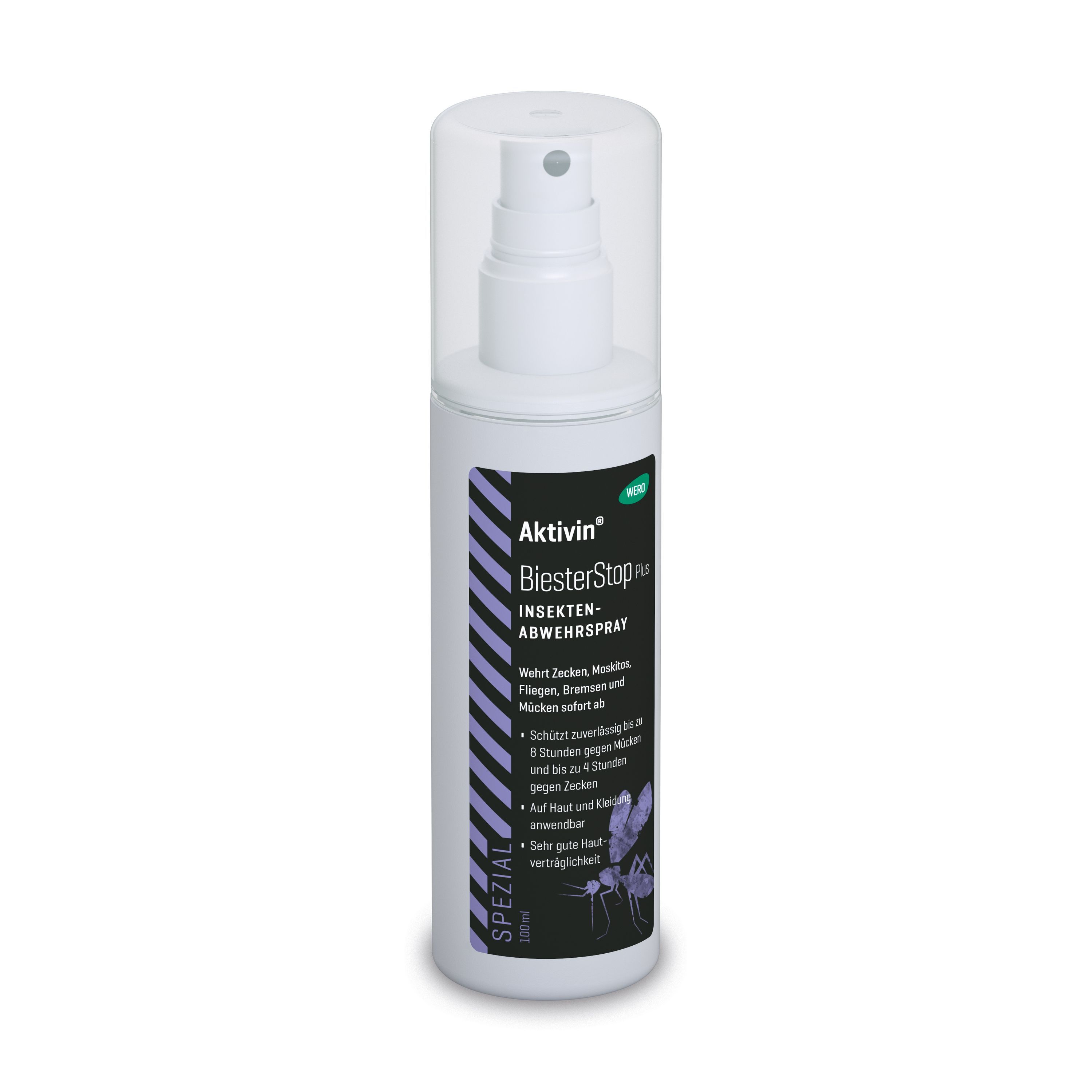 Weiße Sprühflasche mit transparentem Deckel. Etikett mit Produktnamen und Inhaltsangaben. Schwarze Schrift auf weißem Grund.