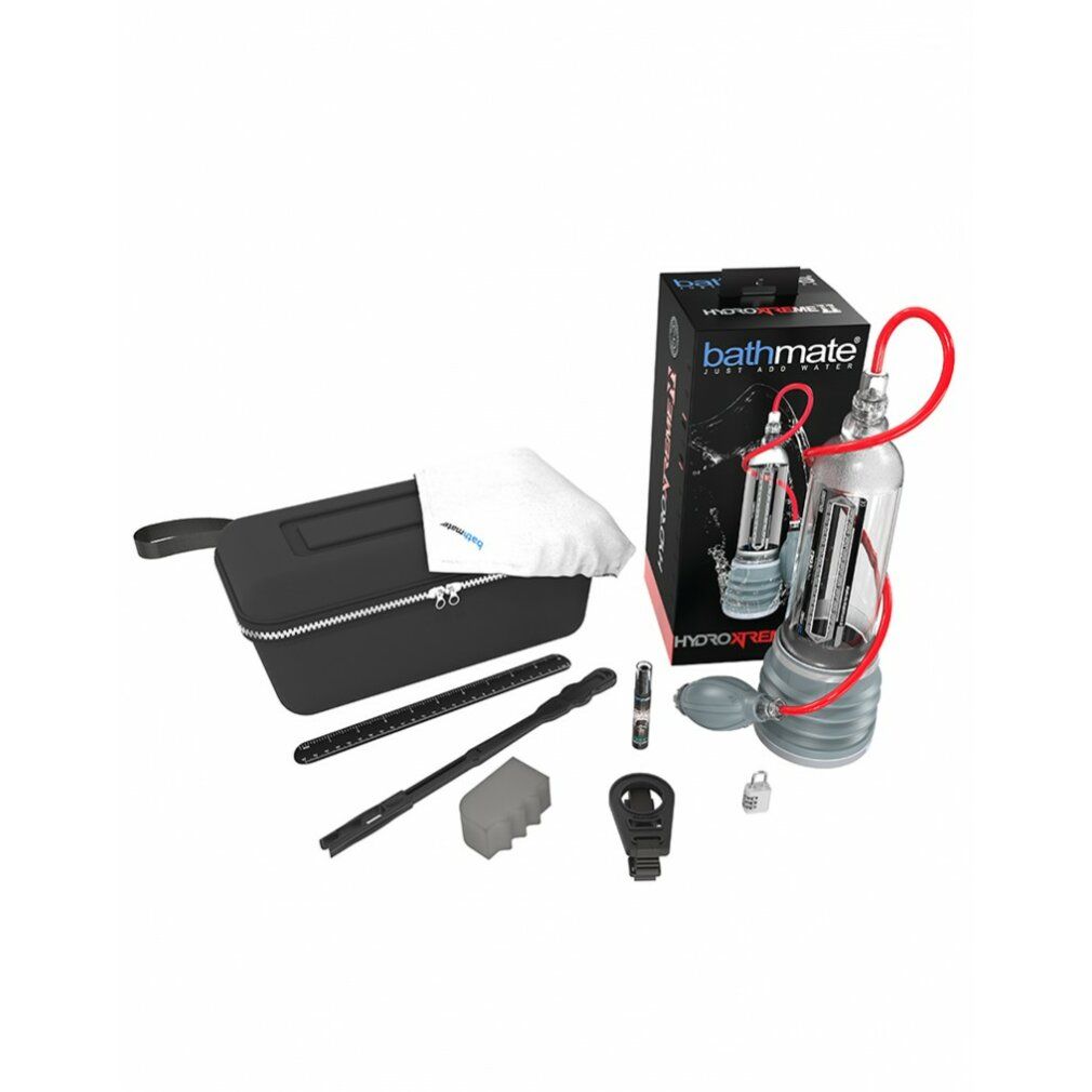 Produkt mit Zubehör. Klarer Zylinder, roter Schlauch, grauer Pumpball, Tasche, Stäbe, und weitere Teile.