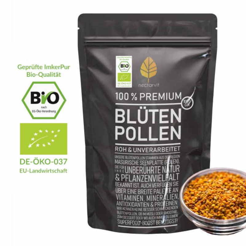 Schwarze Tüte mit „Blütenpollen“ Aufschrift, Bio-Siegel, Glas mit Pollen. EU-Landwirtschaft Logo. Text: „100% Premium“.