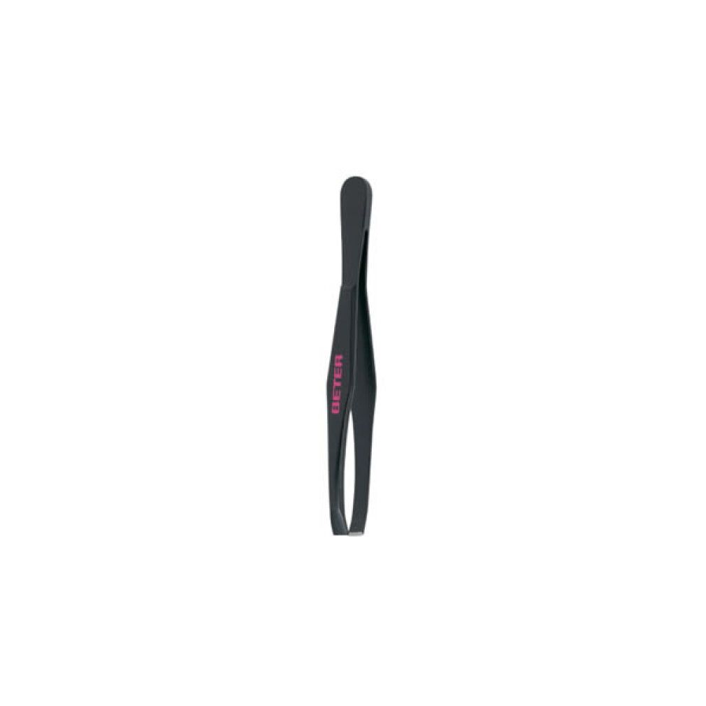 Schwarze Pinzette mit gerader Spitze und rosa Markierung.