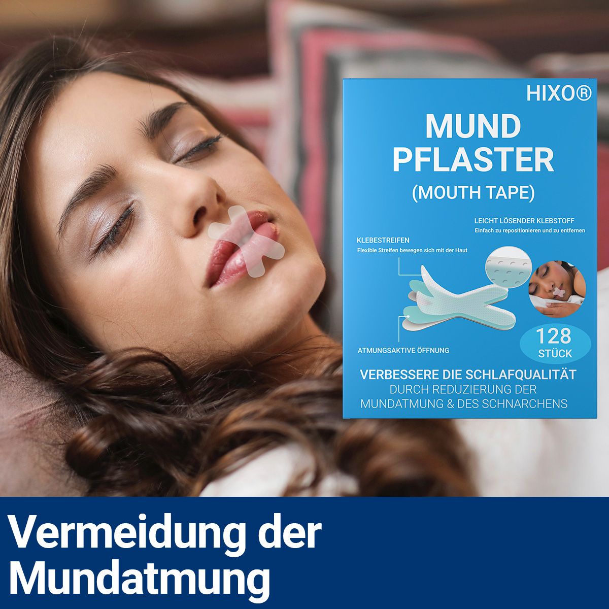 Frau im Bett mit Mundpflaster. Verpackung HIXO Mundpflaster, 128 Stück. Text: Vermeidung der Mundatmung.