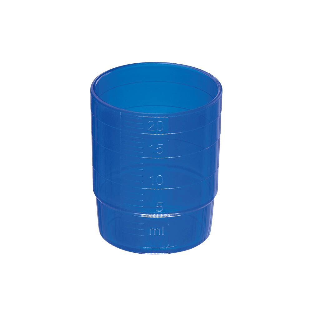 Blauer Messbecher aus PP mit ml-Skala (bis 20 ml). Stapelbar.