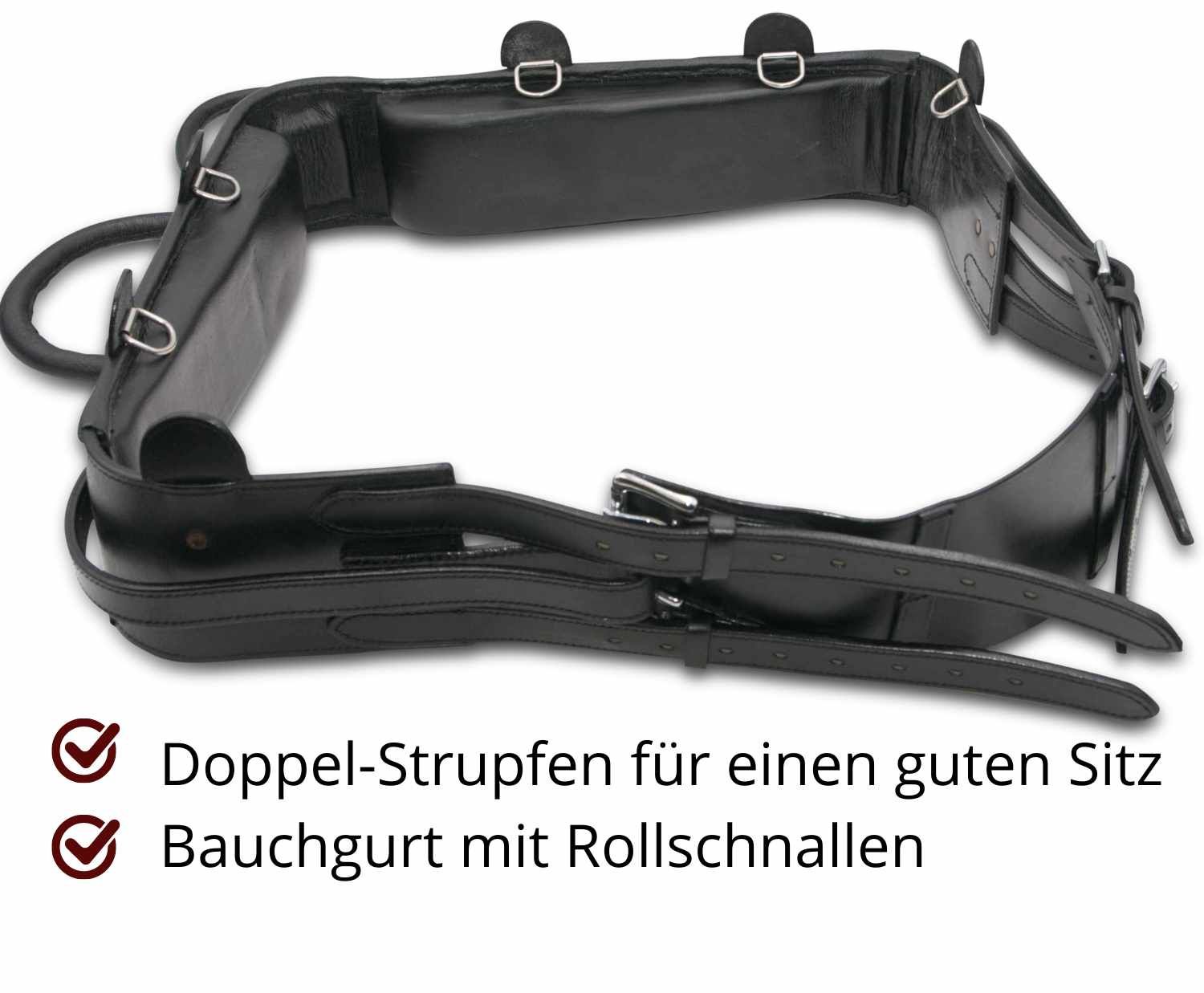 Schwarzer Voltigiergurt mit Bauchgurt und Rollschallen. Text: Doppel-Strupfen, Bauchgurt mit Rollschallen.