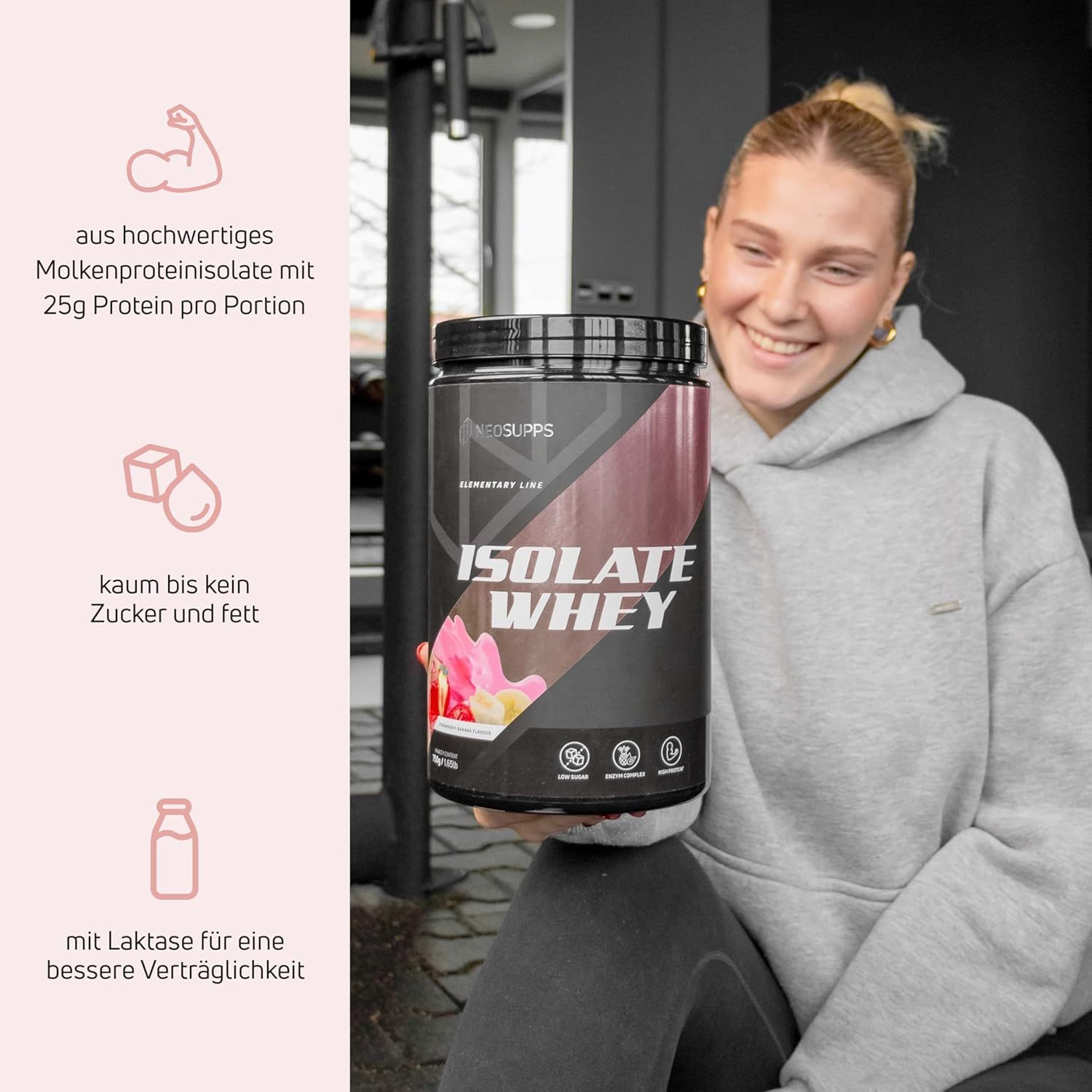 Schwarze Dose mit "ISOLATE WHEY" und "NEOSUPPS" Aufschrift. Frau hält Dose. Aufschrift: Erdbeere-Banane.