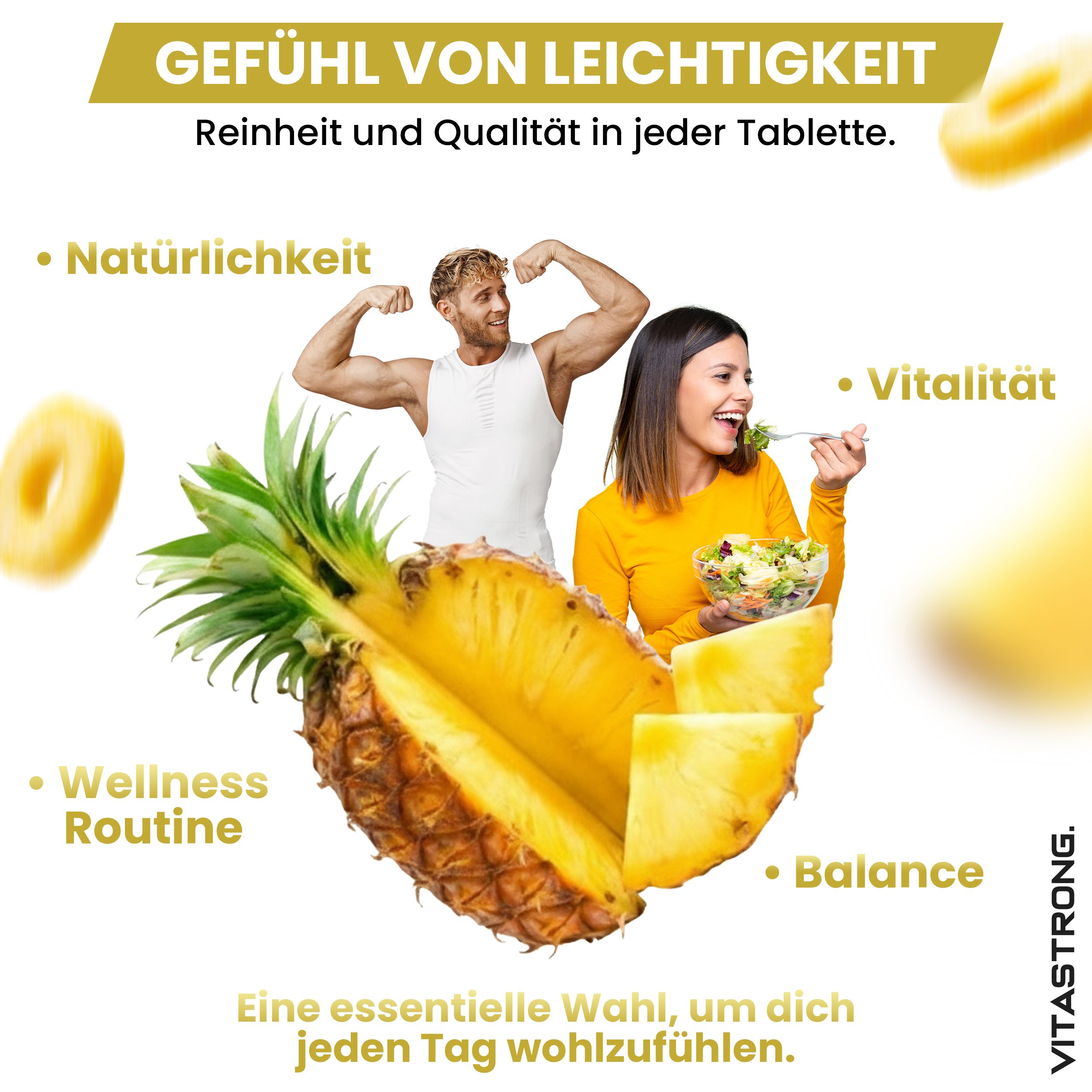 Dose mit Bromelain-Tabletten, Ananas, gelben Blüten. Ohne Gluten, GVO. 270 Tabletten. Vitastrong.