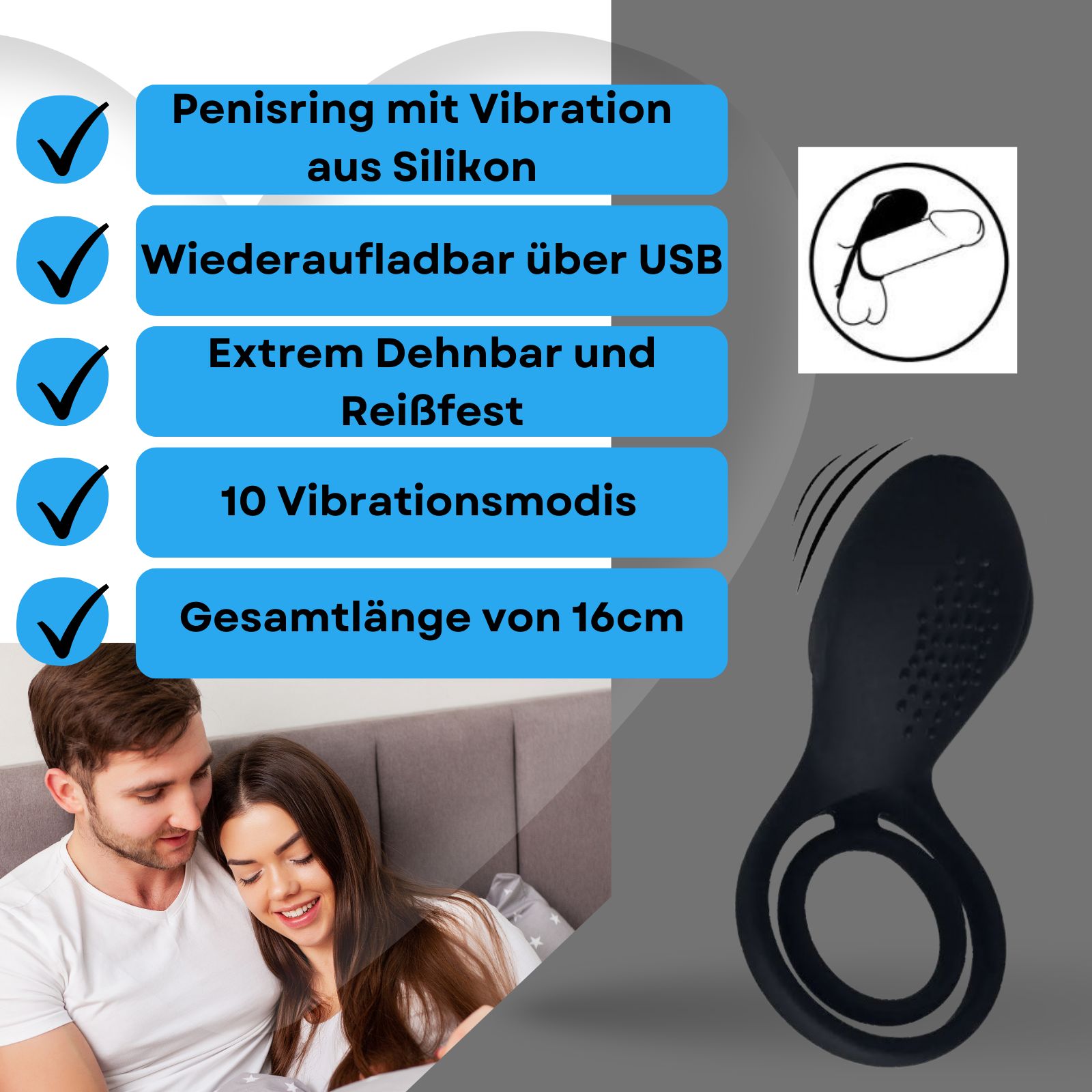 Schwarzer Penisring mit Vibration. Text: Wiederaufladbar über USB, 10 Vibrationsmodi, 16cm.