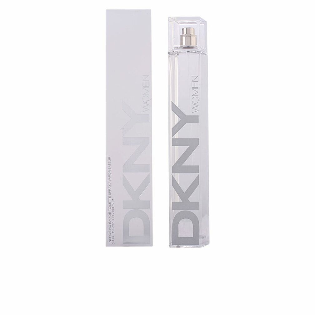 DKNY Women Eau de Toilette Spray. Rechteckige Flasche und Verpackung. Weißes Design mit silbernem Schriftzug.
