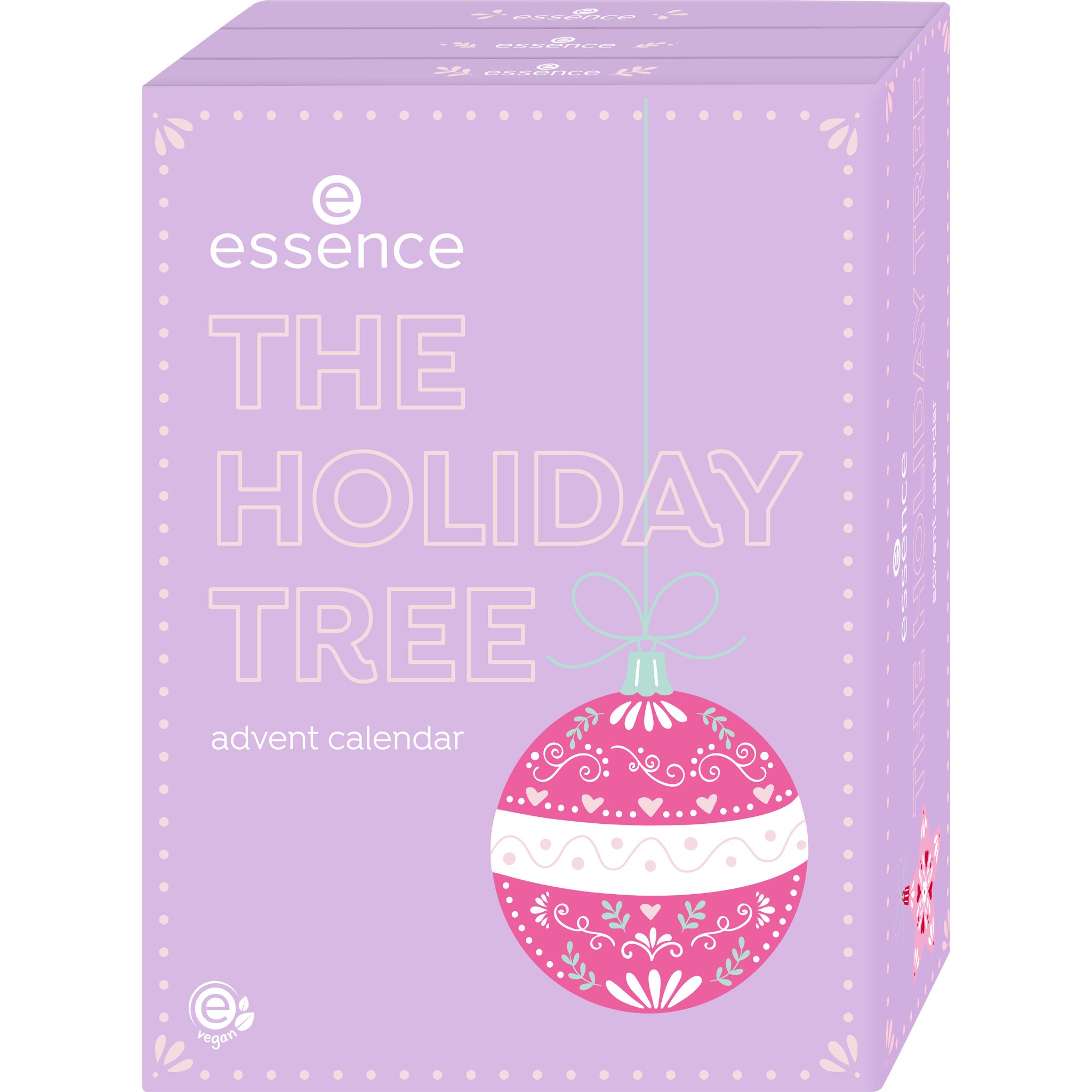 essence Adventskalender 'The Holiday Tree' in lila Verpackung mit Weihnachtsbaumkugel-Design.
