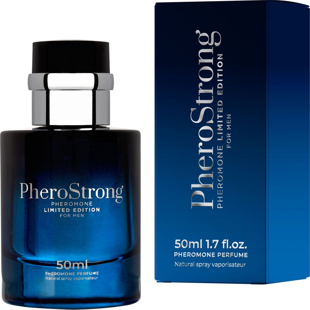 PheroStrong Pheromon Parfüm Flasche und Karton, 50ml, fruchtig-würziger Duft.