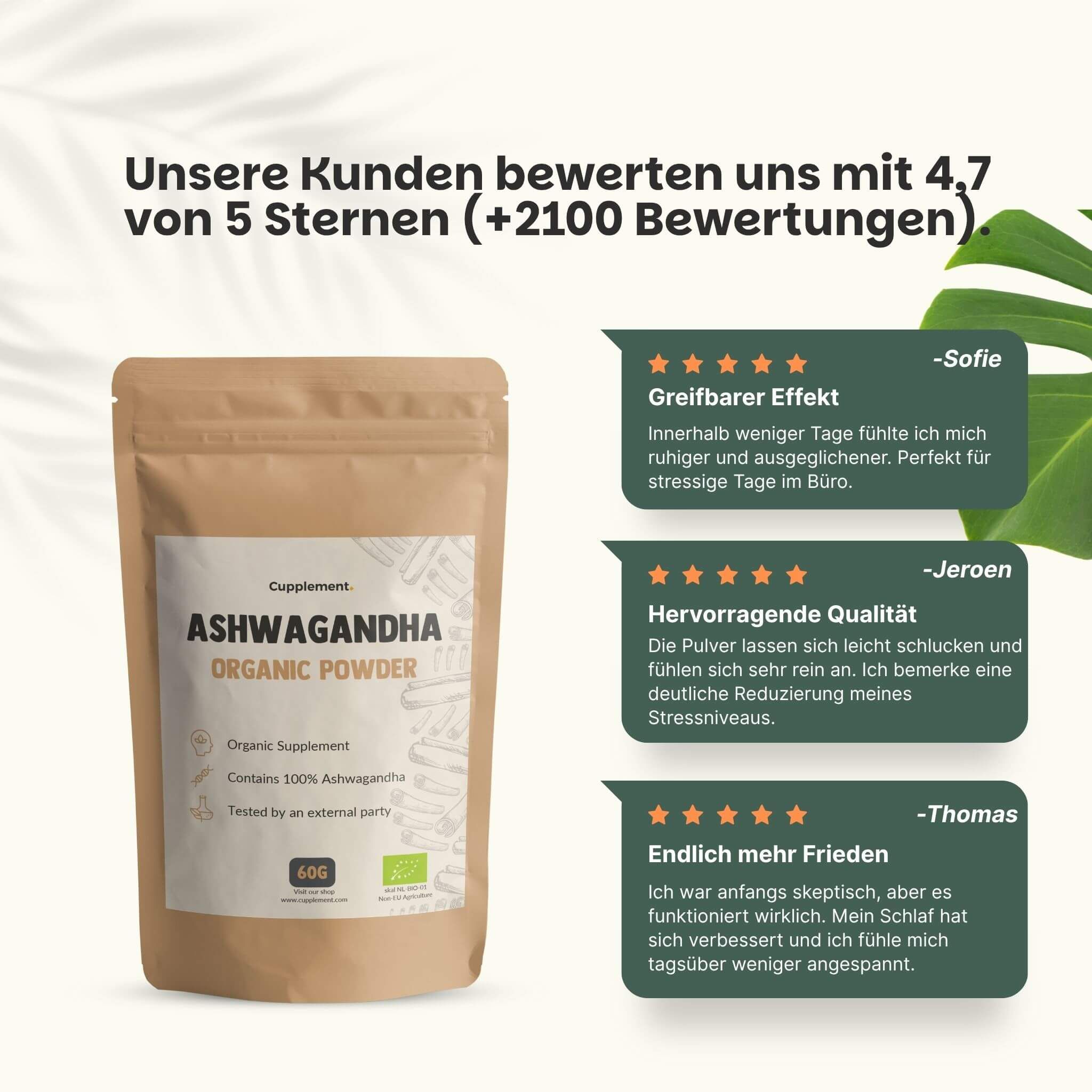 Text: Unsere Kunden bewerten uns mit 4,7 von 5 Sternen. Zitate von Kunden. Ashwagandha-Pulver-Beutel.