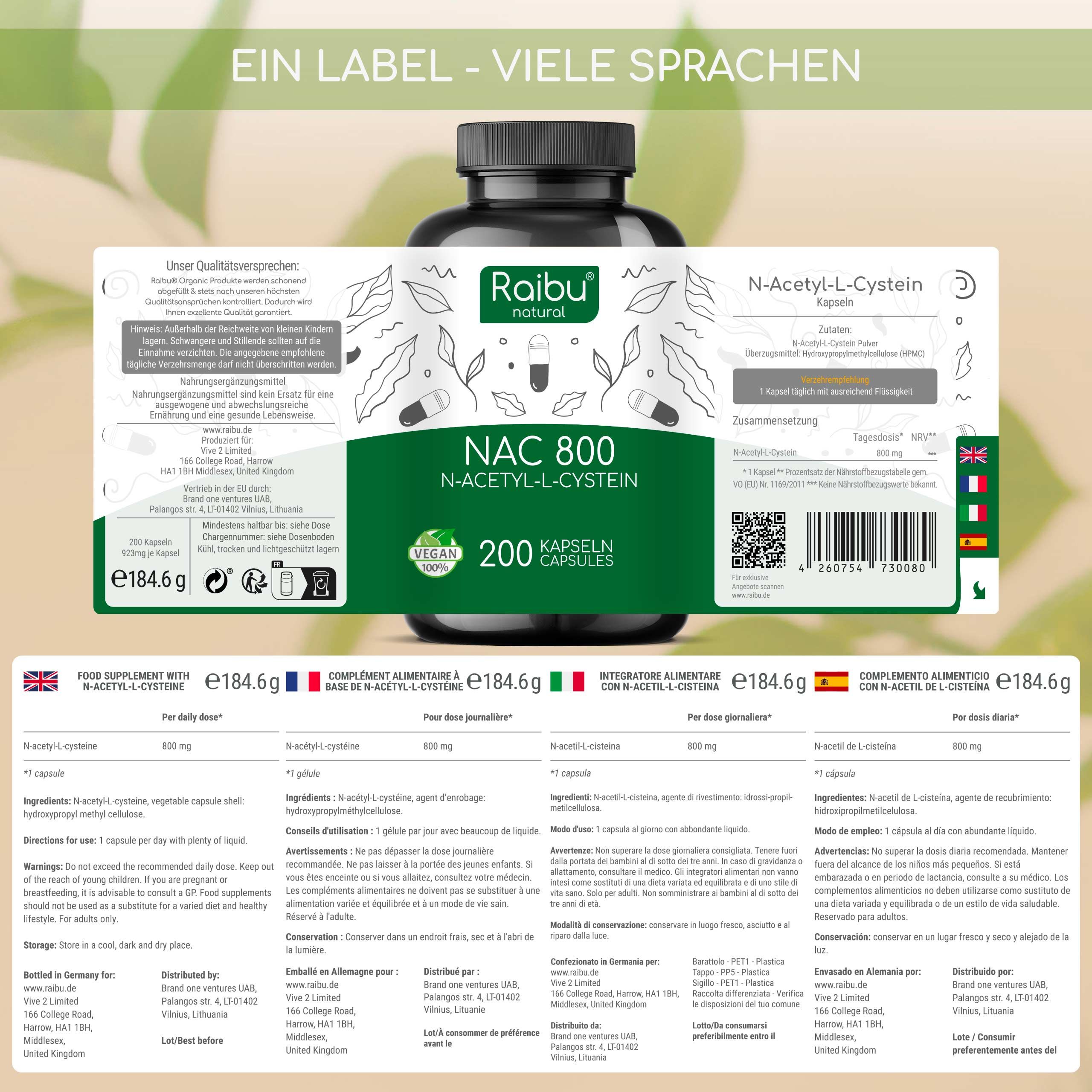Etikett mit Produktinformationen in verschiedenen Sprachen. Flasche mit NAC 800 Kapseln. Text: N-Acetyl-L-Cystein, 200 Kapseln. Vegan-Siegel.