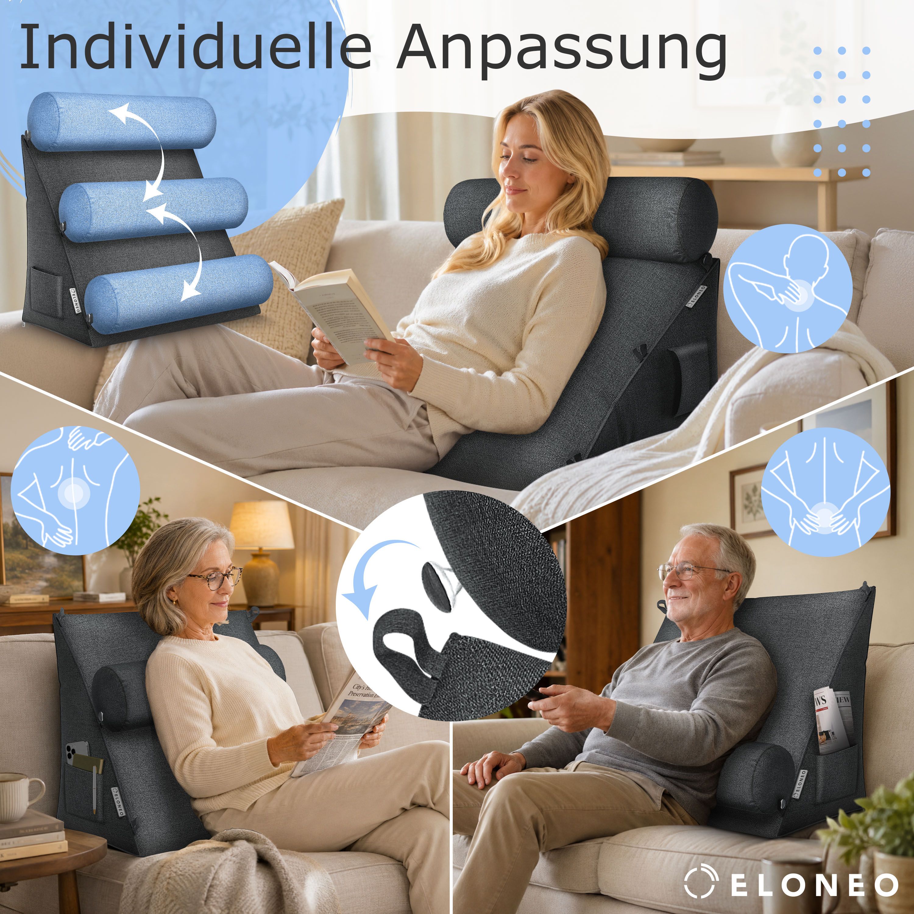 ELONEO Rückenkissen mit Nackenrolle für Bett & Sofa, 55x50x30cm, waschbarer Bezug 1 St