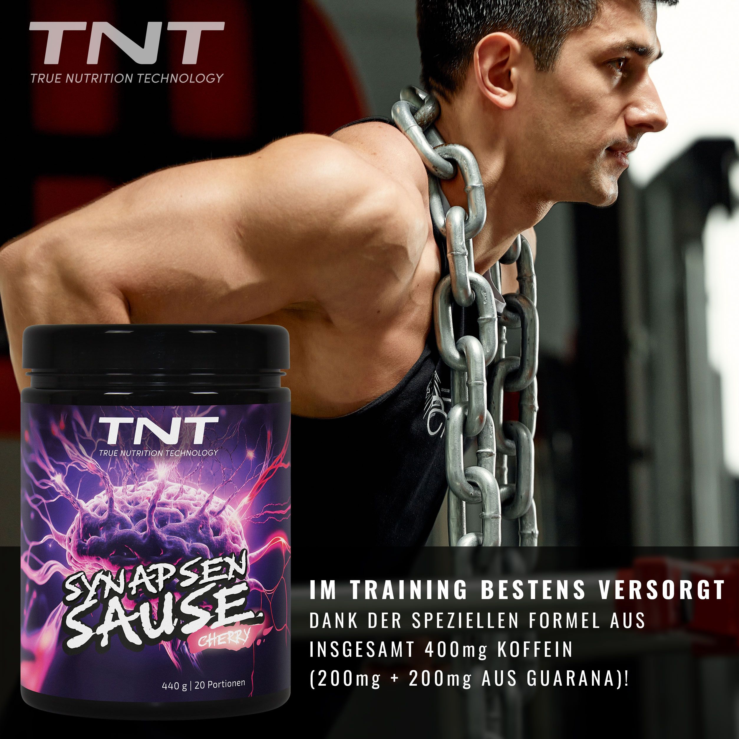 Produktglas neben trainierendem Mann. Text: TNT Synapsensause, Cherry. Enthält 440g, 20 Portionen. Zusätzlicher Text: Im Training bestens versorgt.