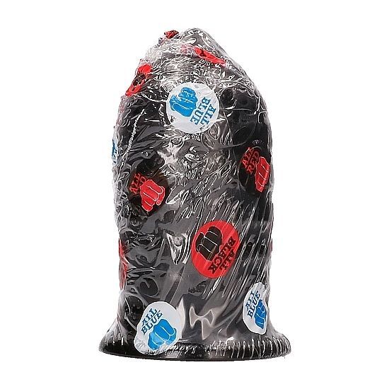 Schwarzer, gerippter Buttplug. Aufkleber mit Logo und Schriftzug.