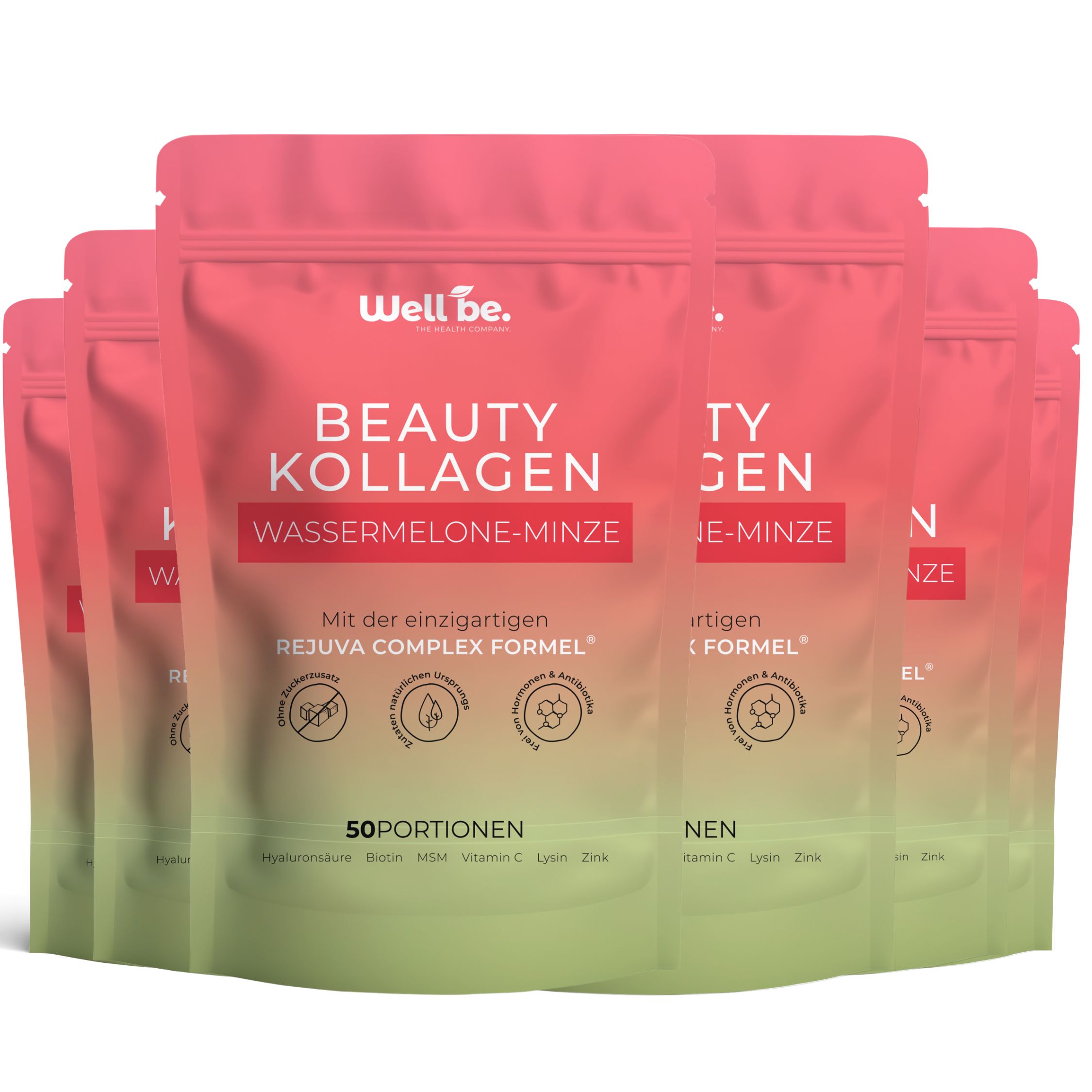 Well be. Beauty Kollagen Wassermelone-Minze Pulver in einem Standbeutel, 50 Portionen.