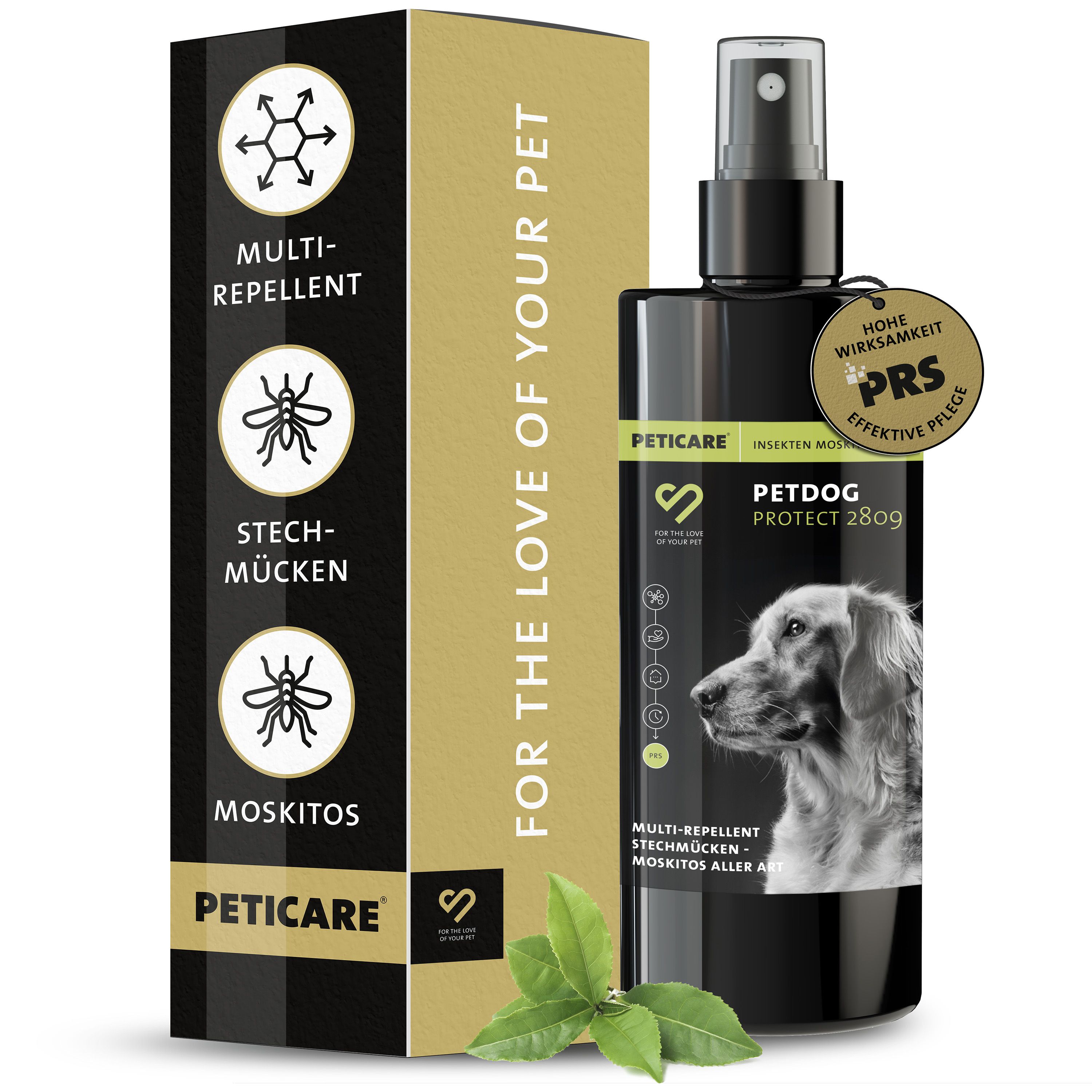 Peticare Anti-Insekten Spray für Hunde. Flasche und Verpackung. Enthält Logos und Produktinformationen.