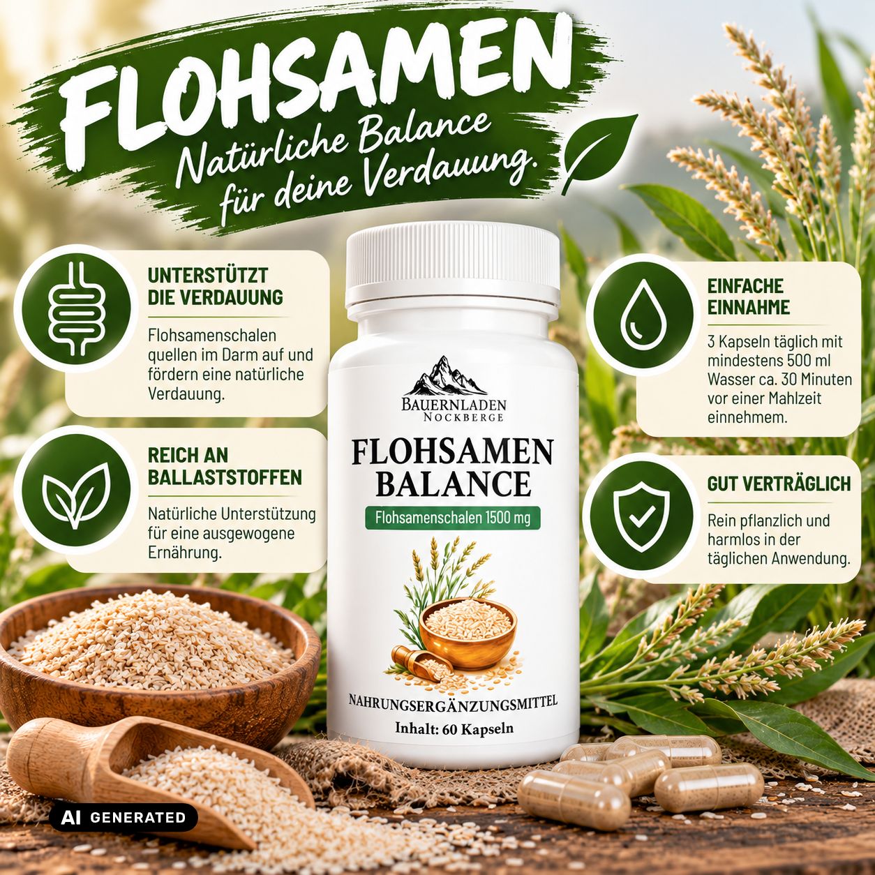 Flasche Flohsamen Balance Kapseln mit 60 Kapseln, mit Darstellungen von Flohsamen.