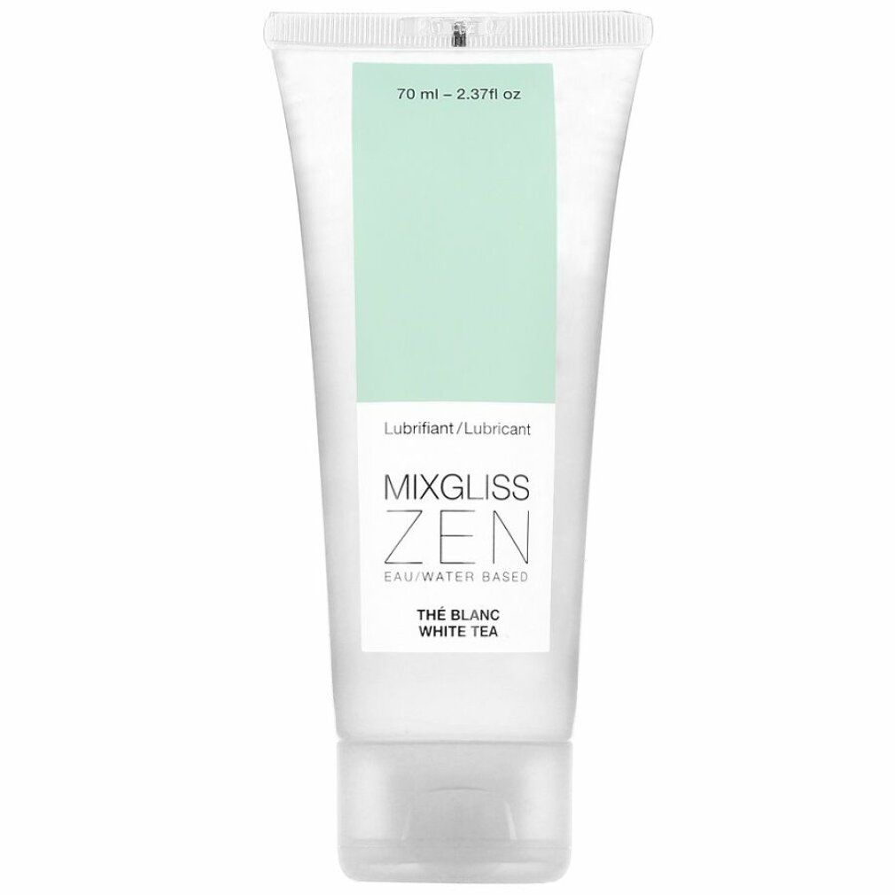 Transparente Tube mit grünem Etikett. Aufschrift: MIXGLISS ZEN, THE BLANC WHITE TEA, 70 ml.