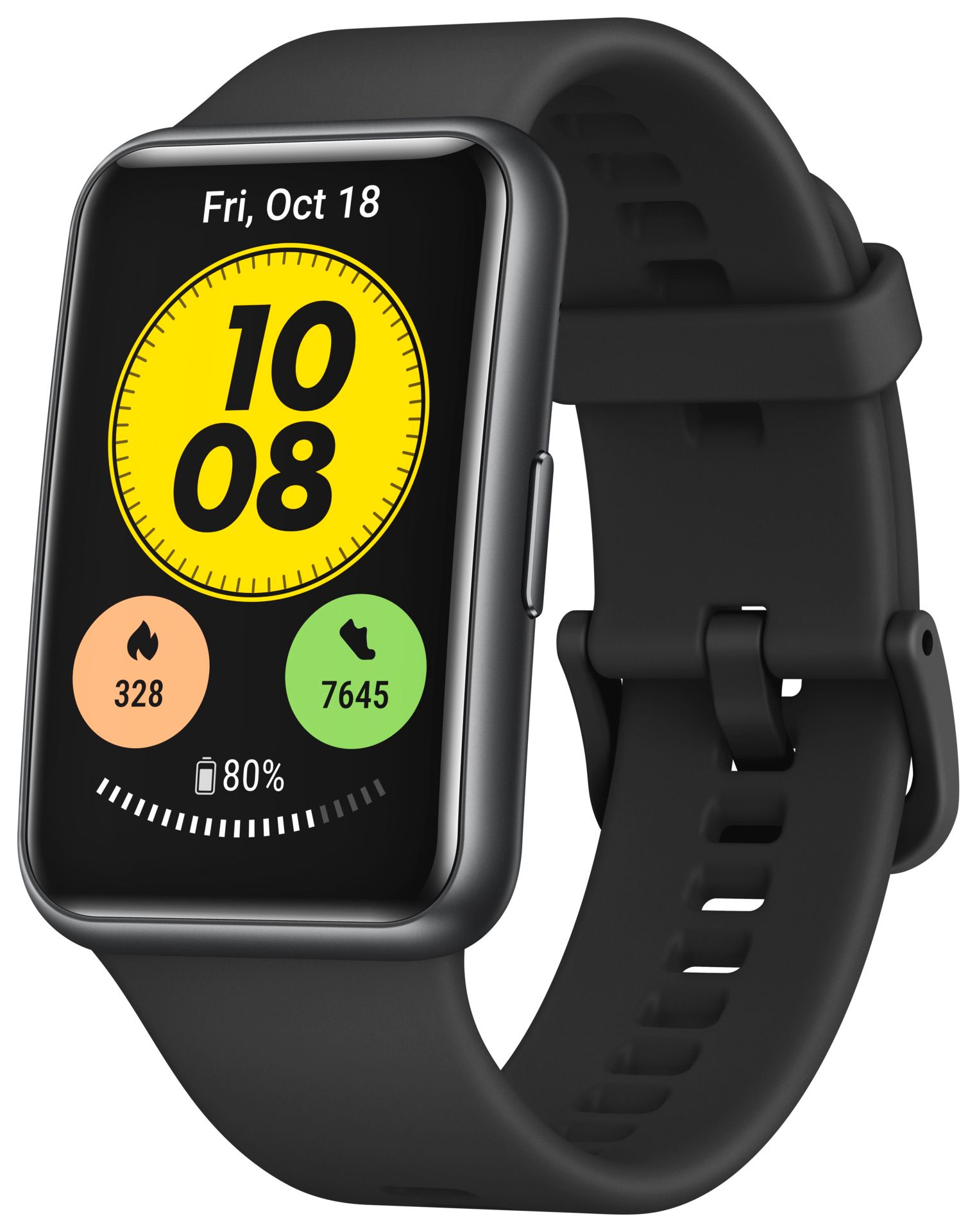 Schwarze Smartwatch mit rechteckigem Display. Zeigt Uhrzeit, Datum, verbrannte Kalorien, Schritte und Akkustand an.