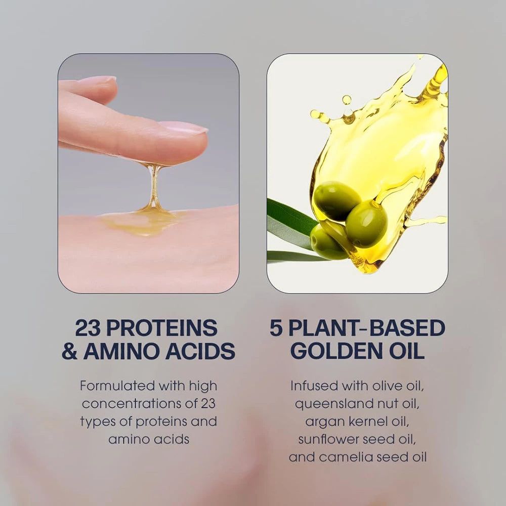 Zwei Infografik-Kacheln: Linke Kachel zeigt Öl auf Haut, Text "23 PROTEINS & AMINO ACIDS". Rechte Kachel zeigt Olivenöl mit Oliven, Text "5 PLANT-BASED GOLDEN OIL".