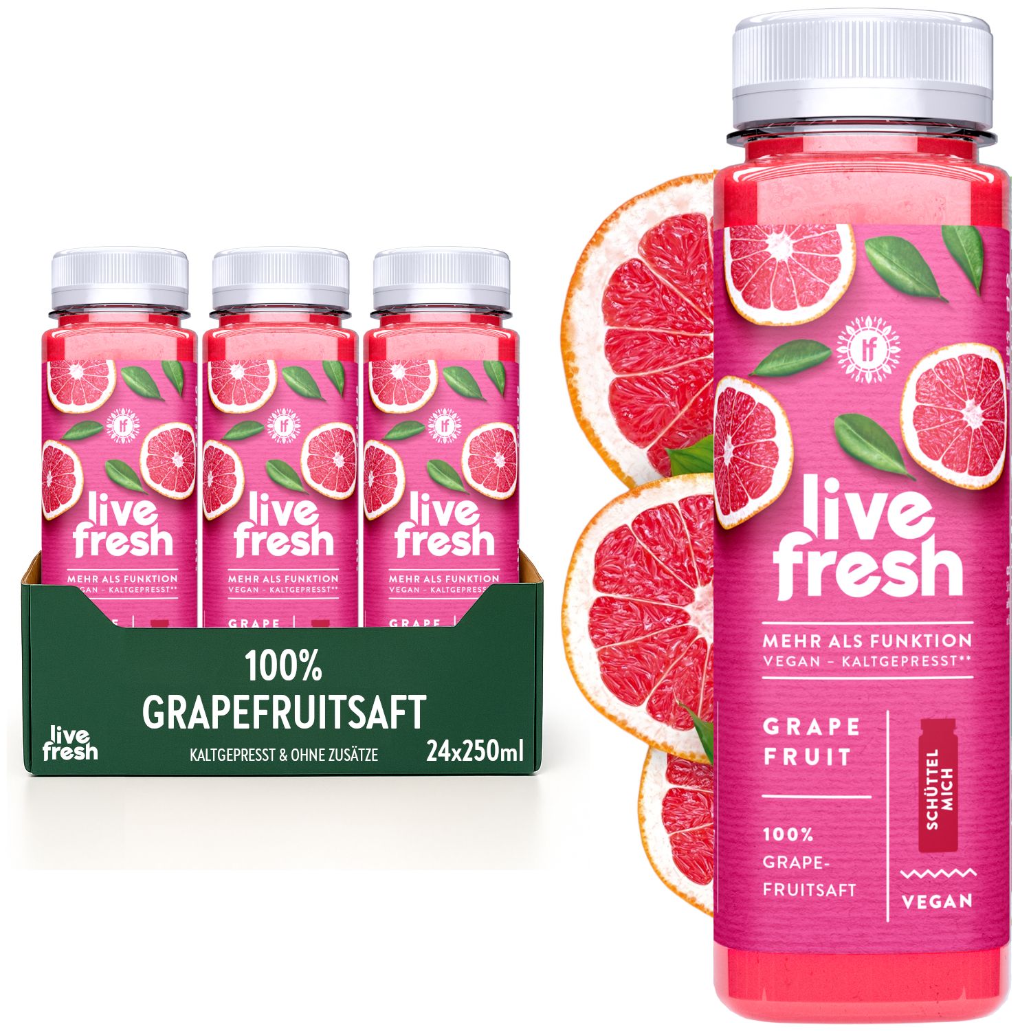 LiveFresh Grapefruitsaft. Flaschen in Karton und einzeln. Etikett mit Produktinformationen. Grapefruit-Hälften.