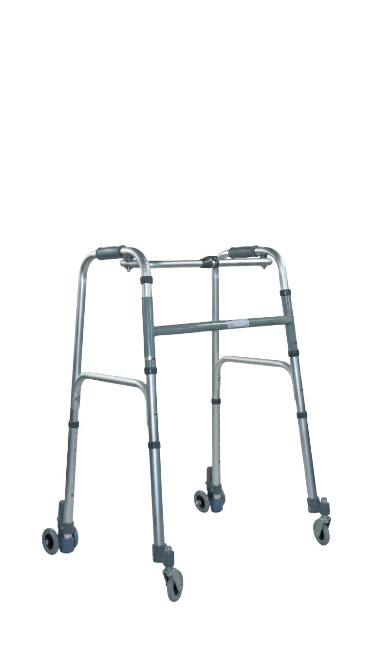 Aluminium-Rollator mit 4 Rädern. Graue Griffe und Räder. Silberfarbenes Gestell.
