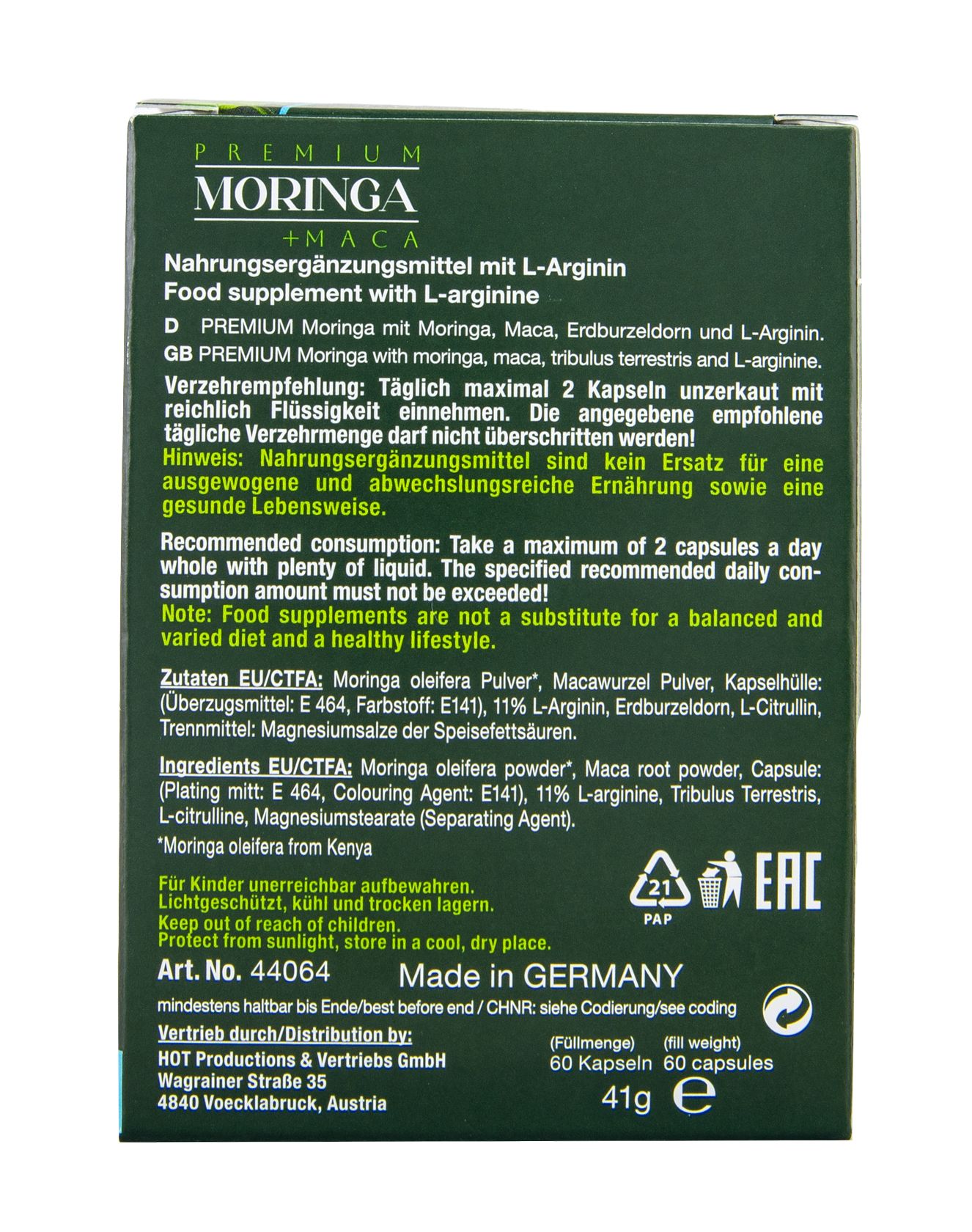 Rückseite der Verpackung mit Informationen zu MORINGA + MACA. Enthält Inhaltsstoffe und Verzehrempfehlung.