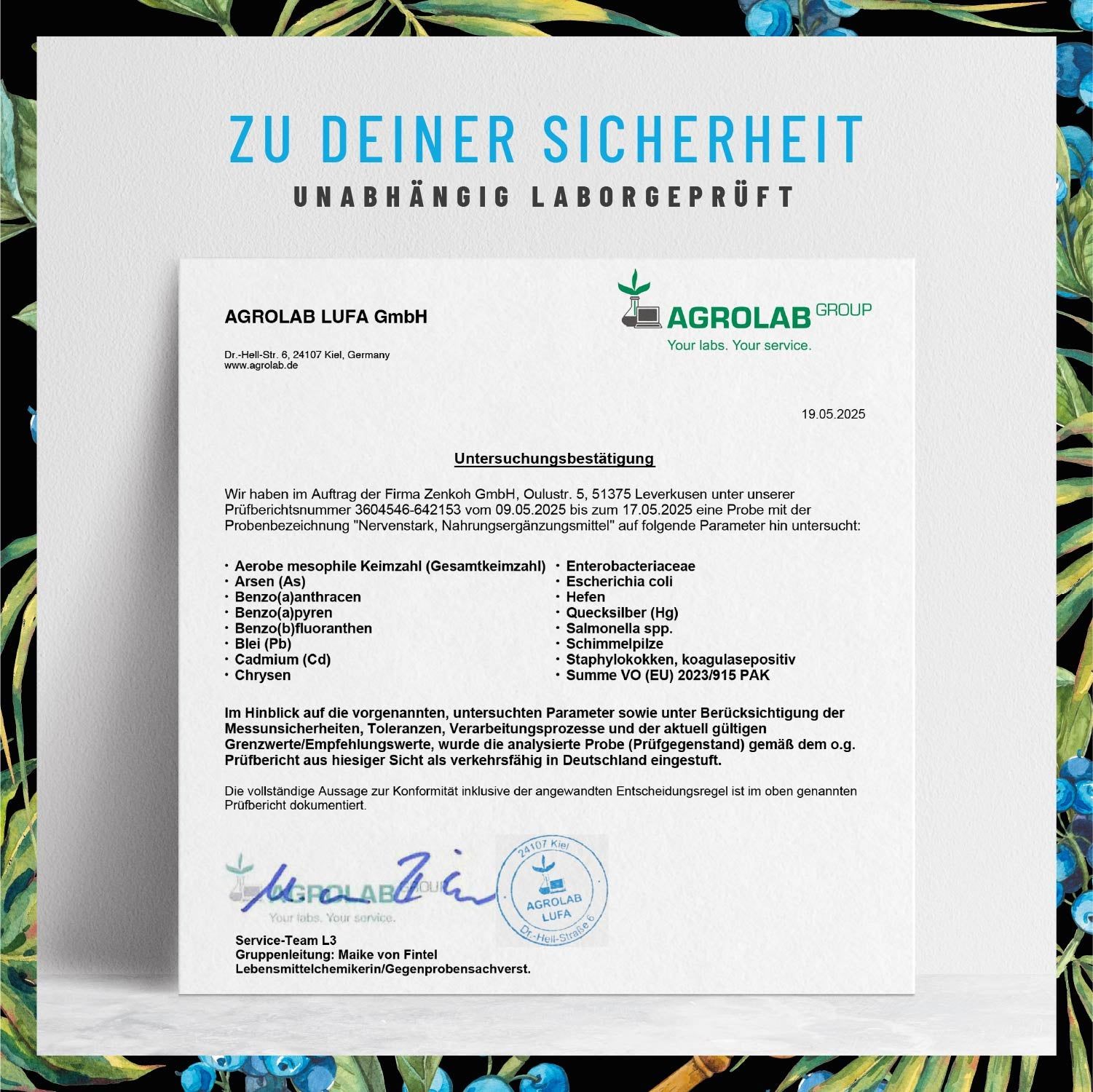 Zertifizierungsdokument von Agrolab LUFA GmbH. Text in Deutsch. Unterschrift und Stempel.
