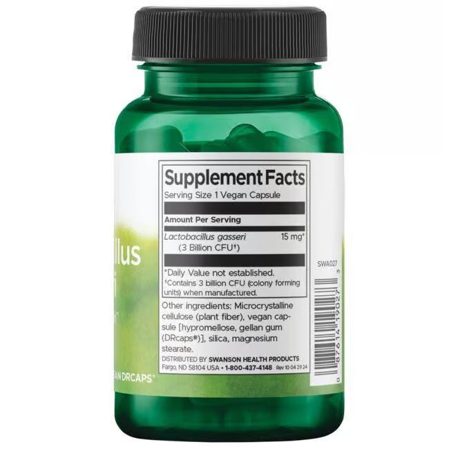 Rückseite der grünen Flasche. Aufschrift: Supplement Facts, Lactobacillus gasseri (3 Billion CFU), Inhaltsstoffe.