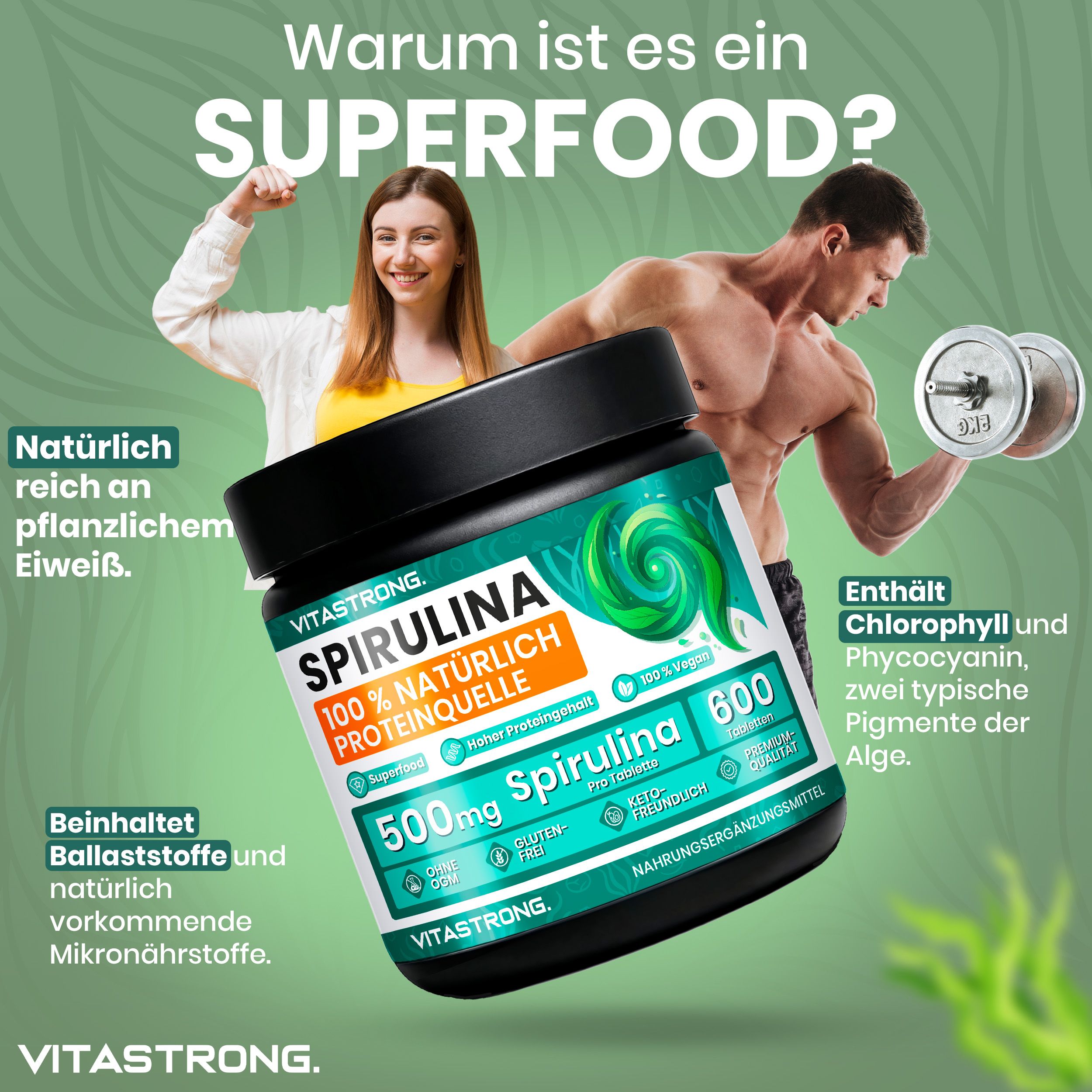 Vitastrong Spirulina. Superfood. Reich an pflanzlichen Proteinen. Enthält Chlorophyll und Phycozyanin.