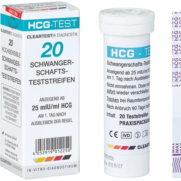 Verpackung und zylindrische weiße Verpackung mit Teststreifen. Aufschrift: HCG-Test, Schwangerschafts-Teststreifen. CE-Kennzeichnung. In-vitro-Diagnostikum.